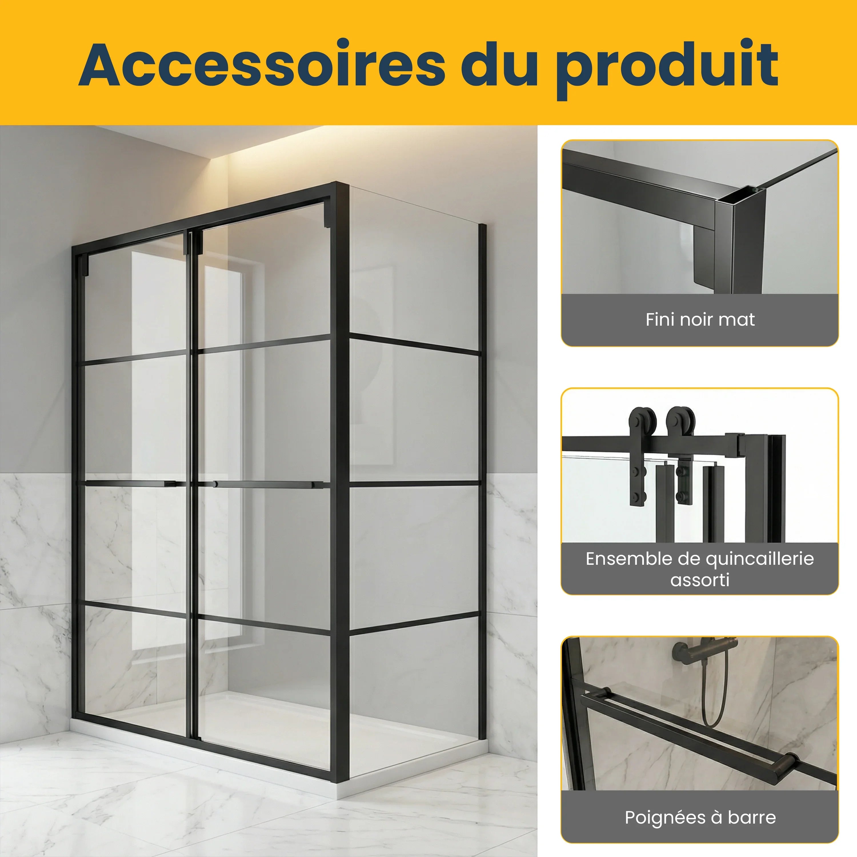 Porte de douche coulissante réversible 60po x 79po noir mat avec panneau latéral 32po