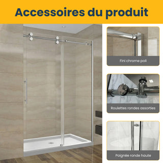 Porte de douche coulissante réversible en alcôve 60 po x 75 po en chrome - Verre 10 mm, configuration à 3 murs (Base non incluse)