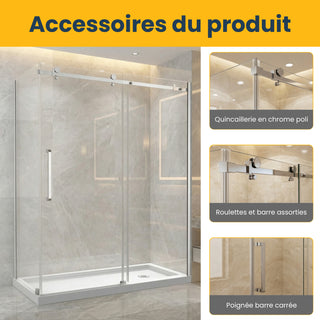 Ensemble de portes de douche carrées chromées 60 po x 32 po x 75 po - Installation sur 2 murs sans base