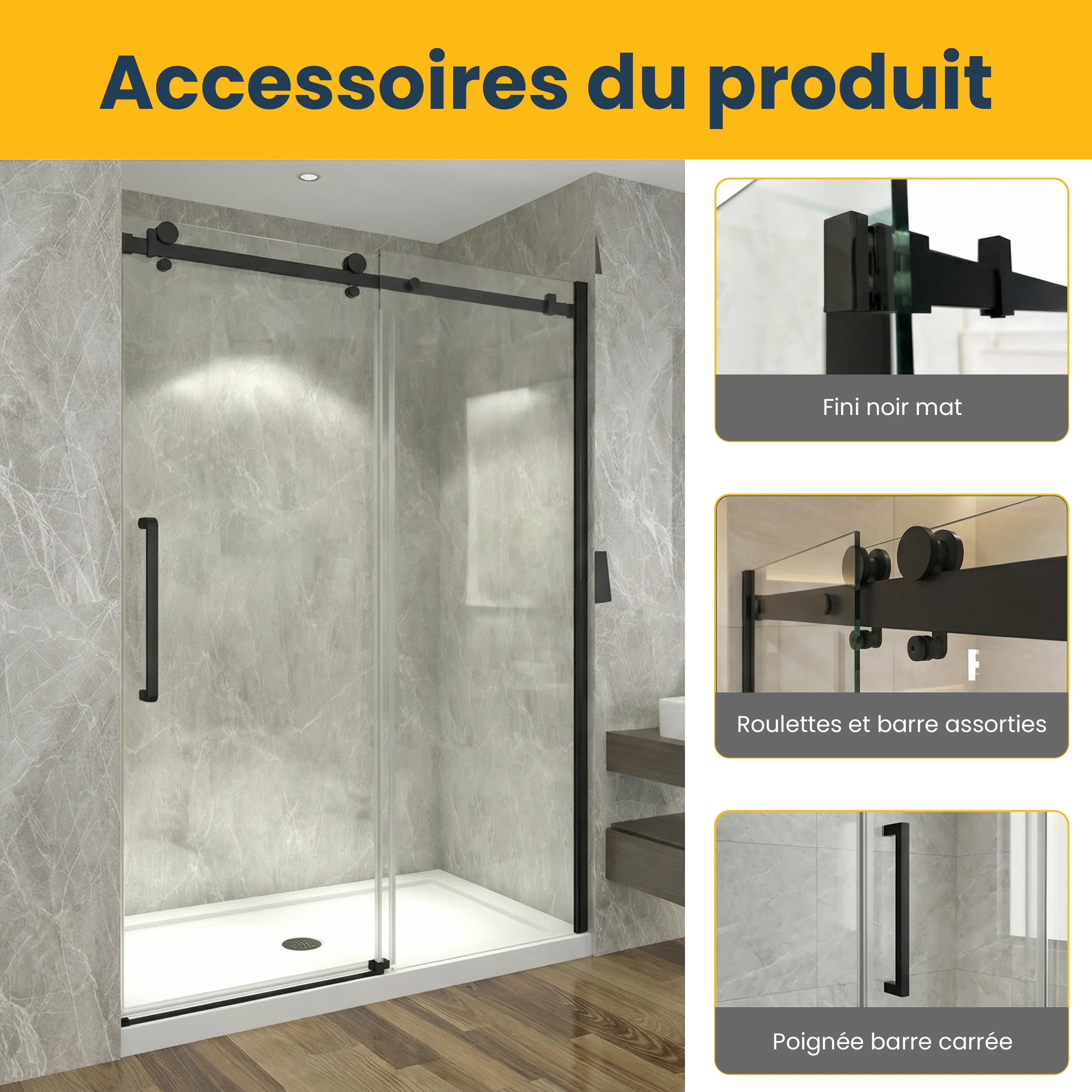 48" x 75" Alcove Reversible Sliding Shower Door with Square Black Hardware