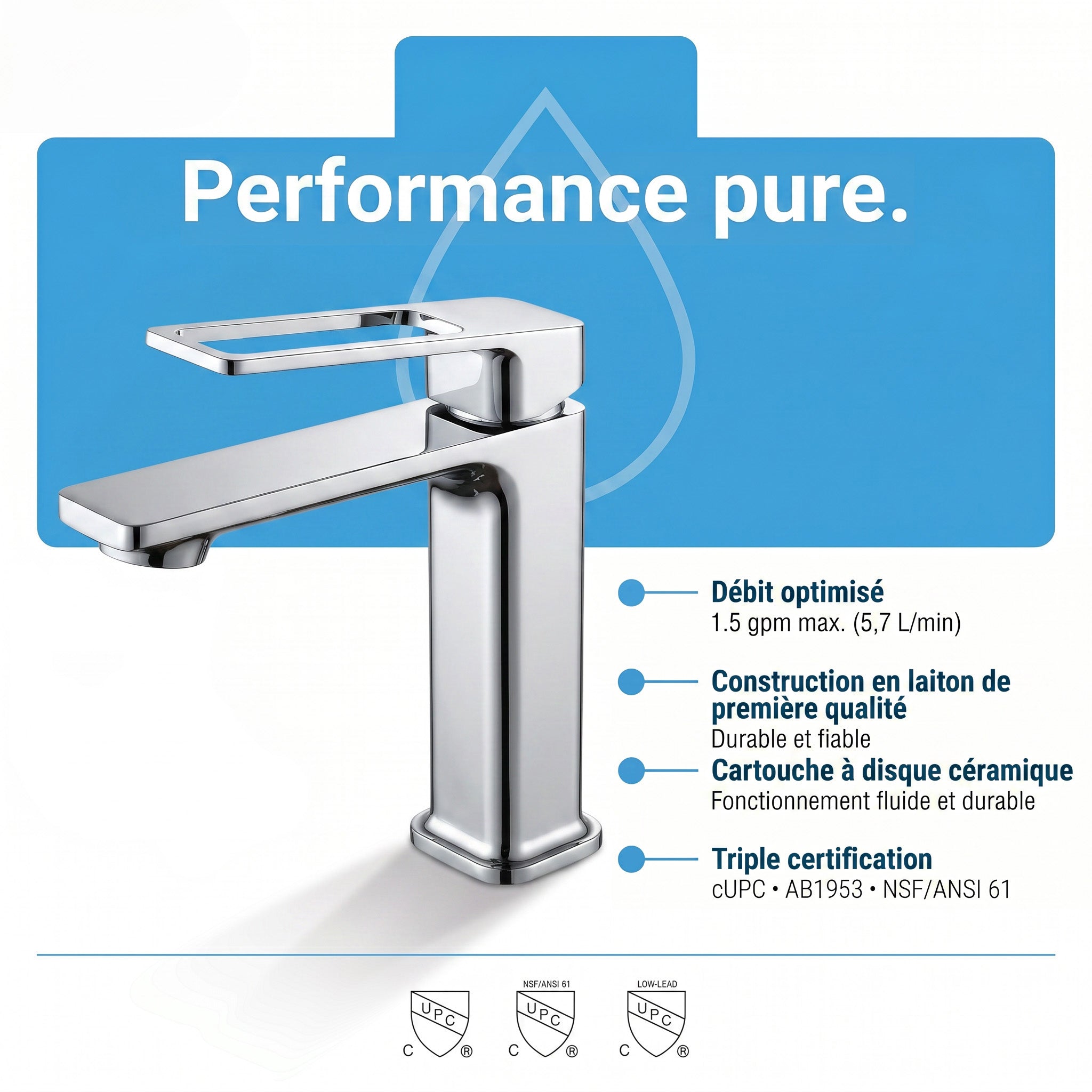 Robinet de Lavabo de Salle de Bains à 1 Poignée Athena en Chromé