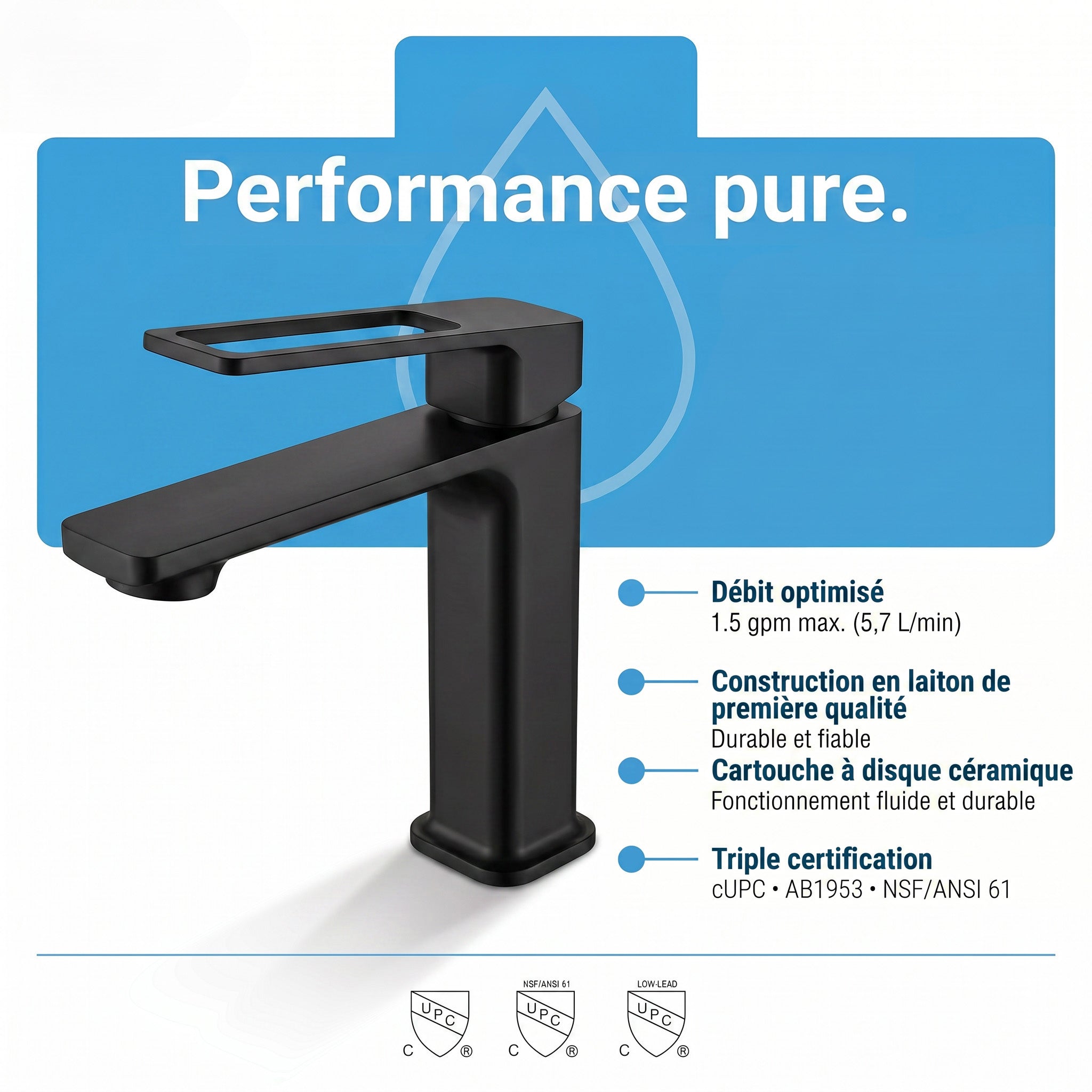 Robinet de Lavabo de Salle de Bains à 1 Poignée Athena en Noir Mat