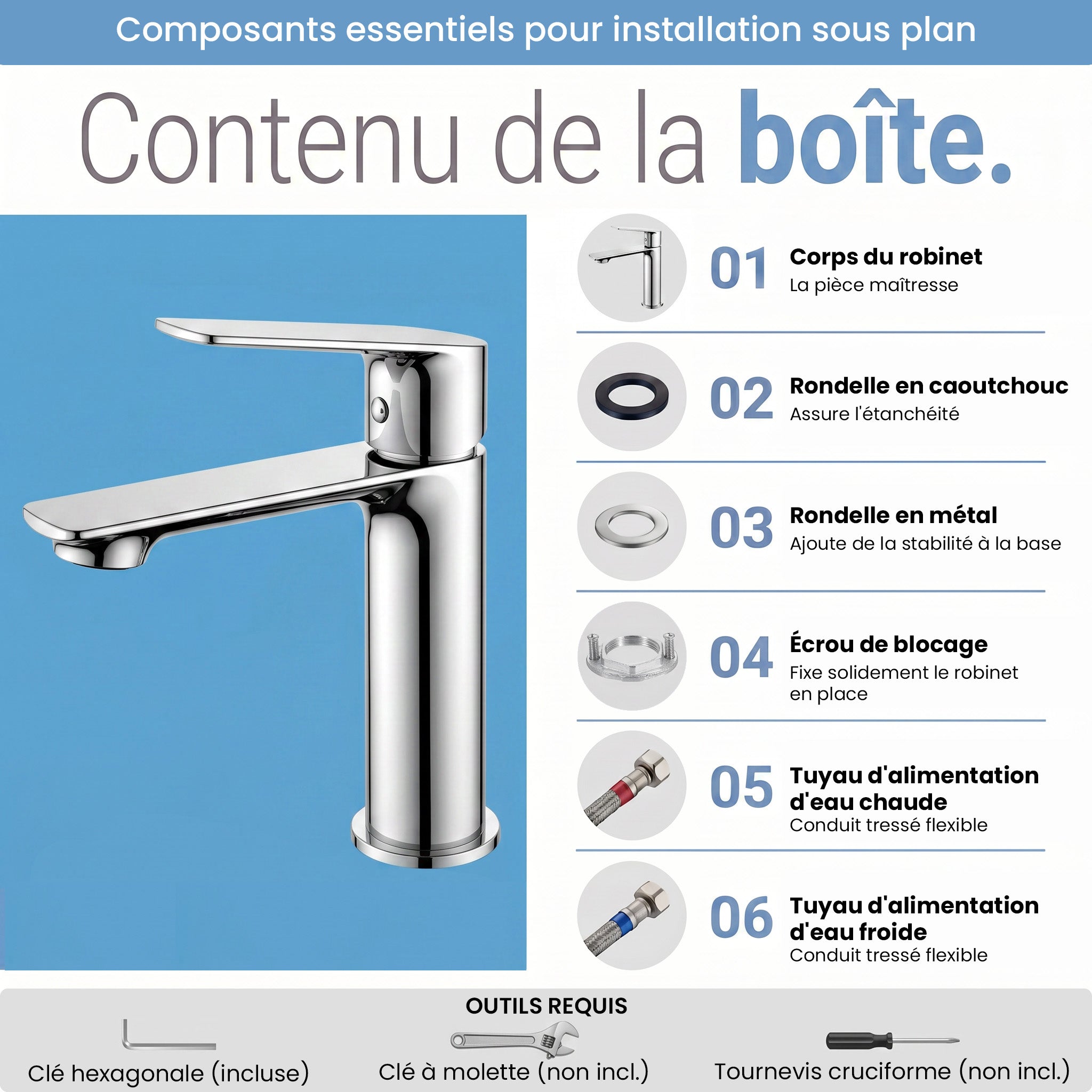 Robinet de Lavabo de Salle de Bains à 1 Poignée Livadia en Chromé
