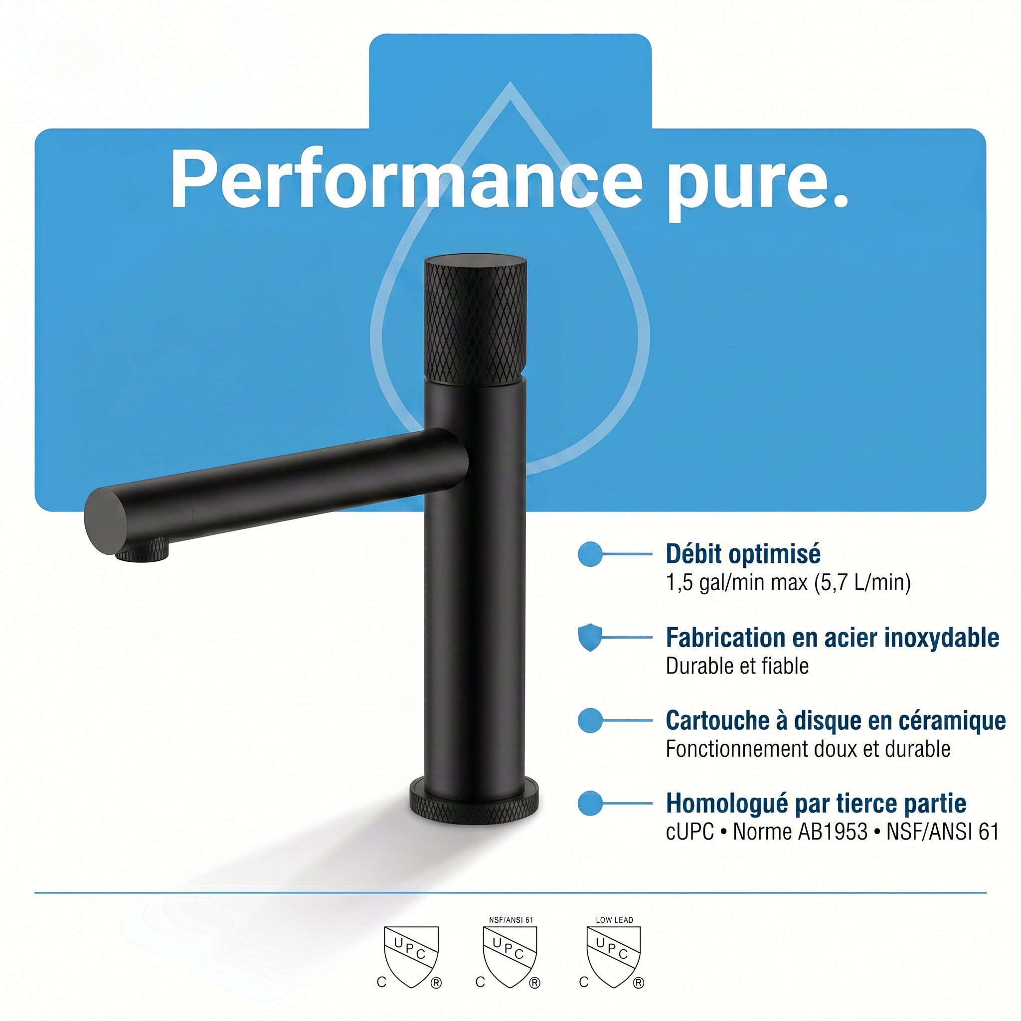 Robinet de Lavabo de Salle de Bains à 1 Poignée Sorento en Noir Mat