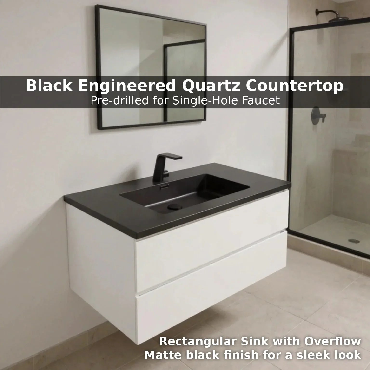 36" White Wall Mount Bathroom Vanity with Black Engineered Quartz Countertop