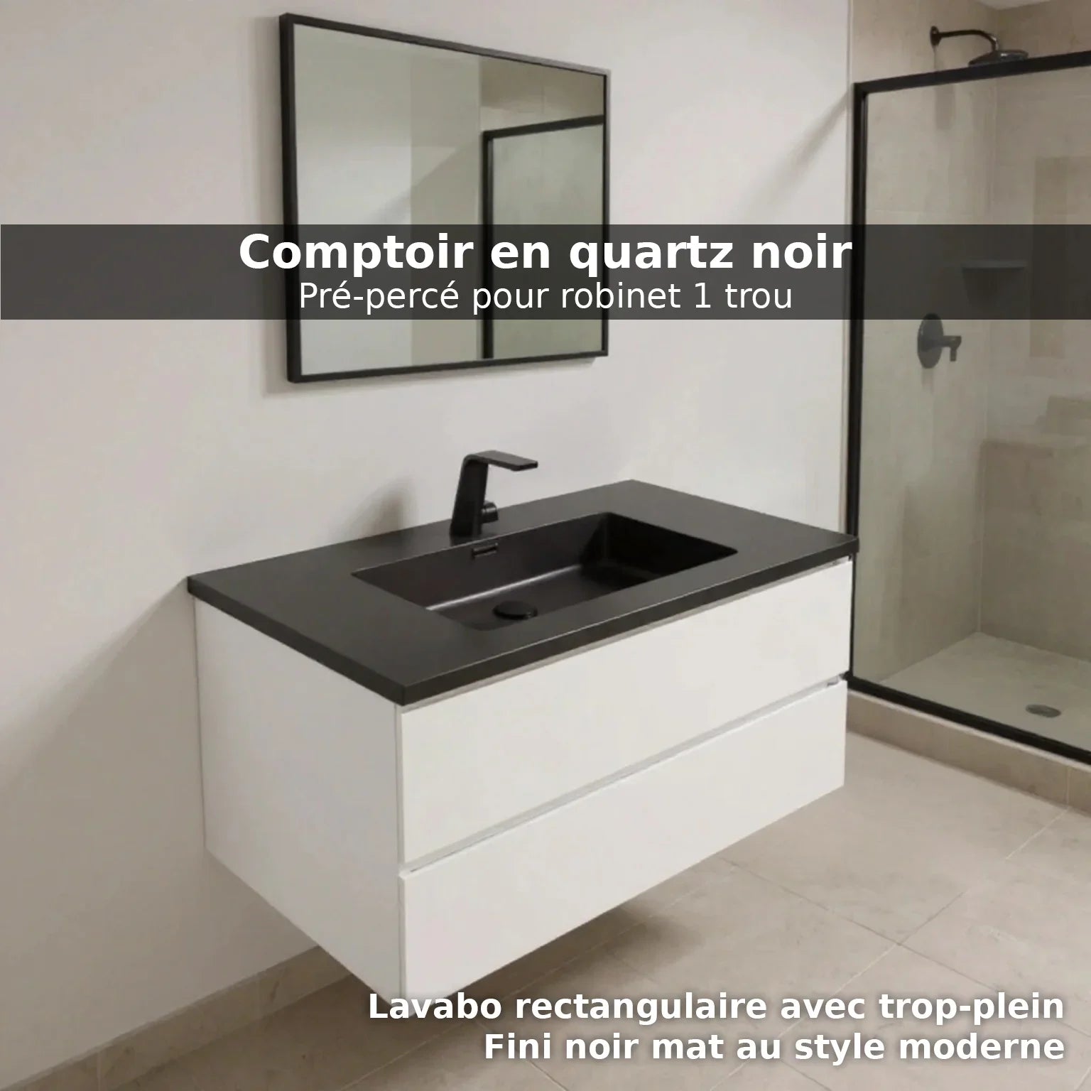 36" White Wall Mount Bathroom Vanity with Black Engineered Quartz Countertop