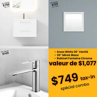Économisez avec l’ensemble : Vanité Murale Blanc de 30po avec Miroir et Robinet