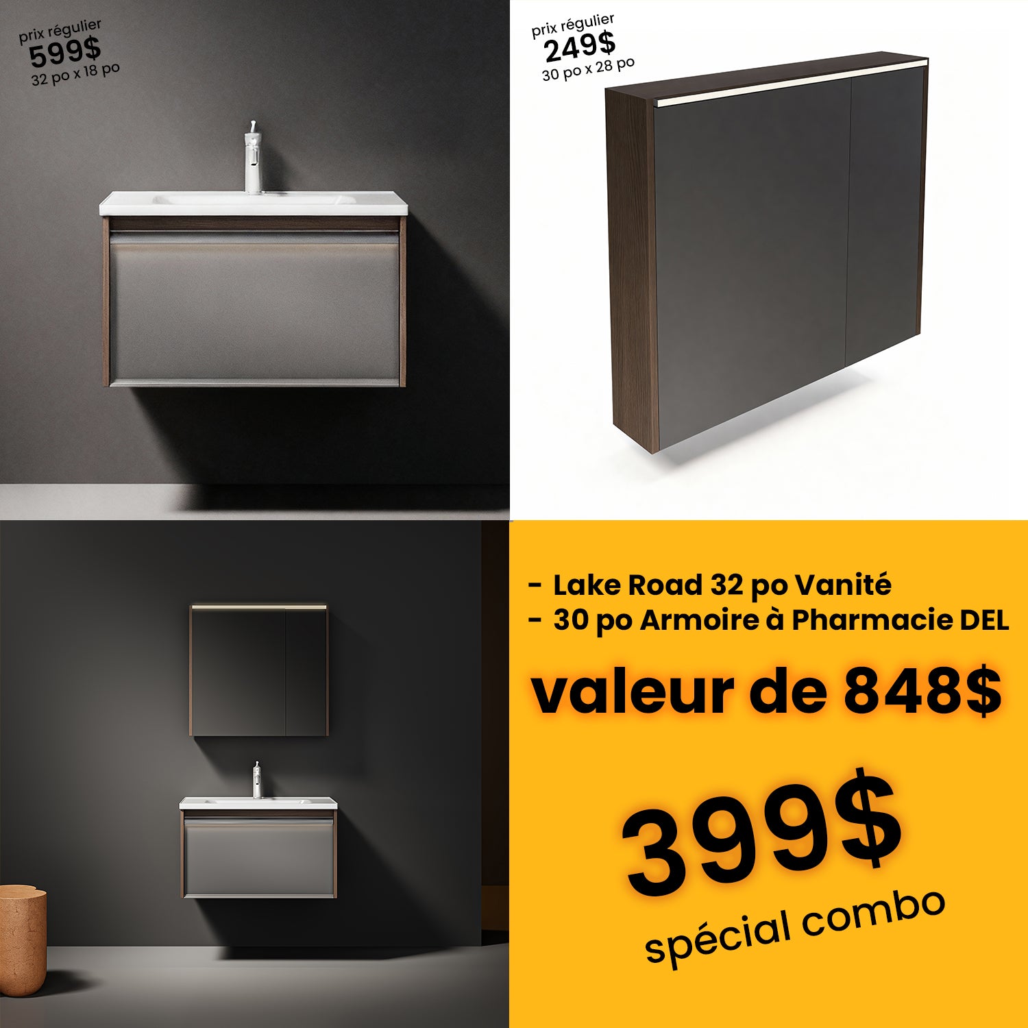 Bundle and Save: 32" Karson Oak Wall Hung Bathroom Vanity with LED Medicine Cabinet