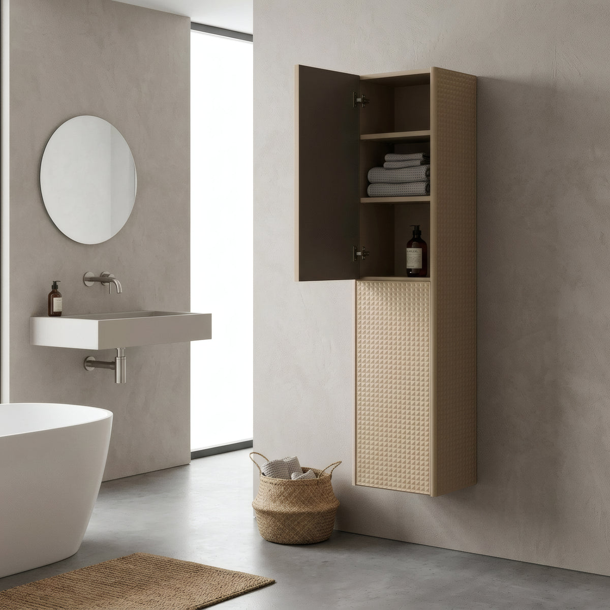 Champagne 2-Door Wall-Hung Reversible Linen Cabinet with Shelves