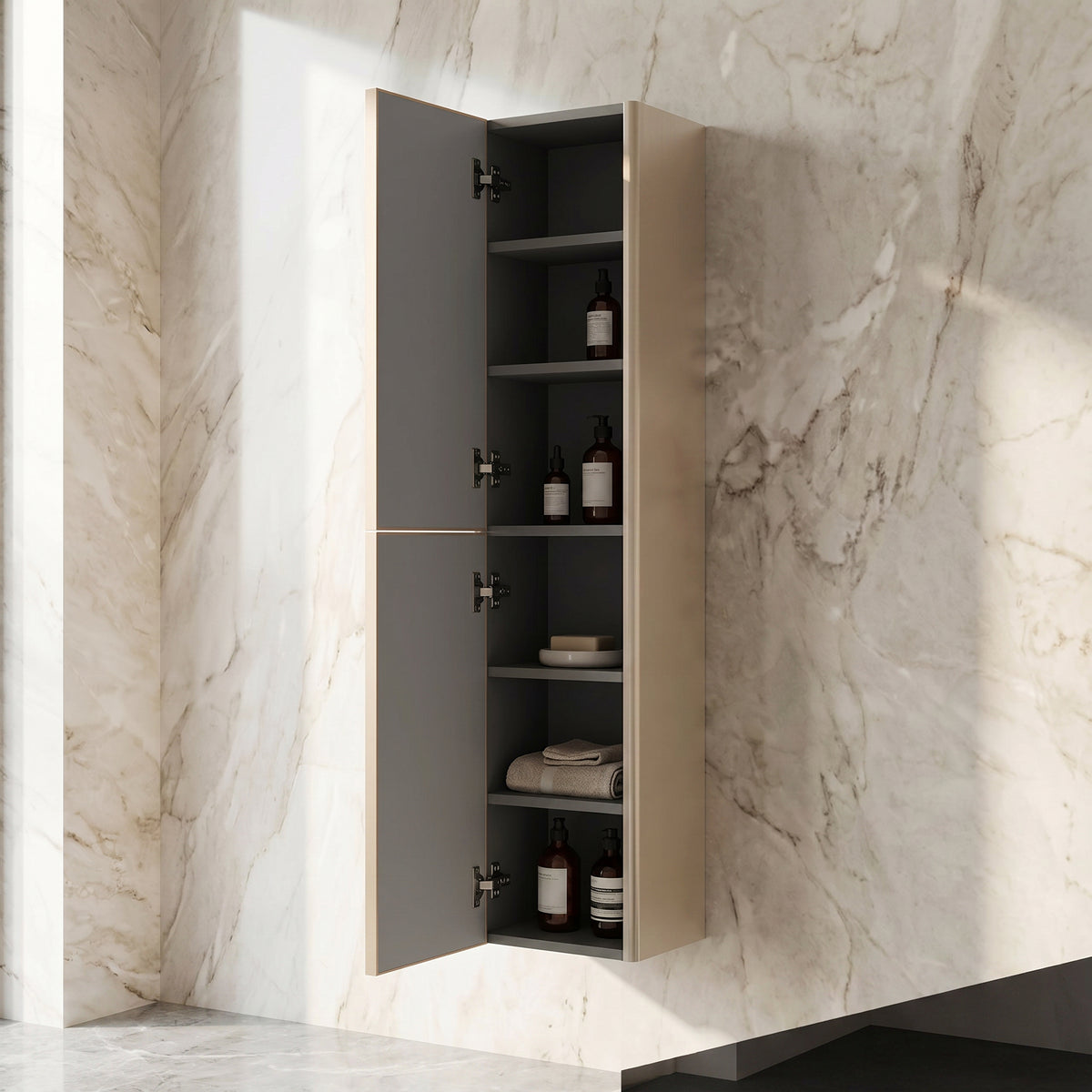 Champagne 2-Door Wall-Hung Reversible Linen Cabinet with Shelves