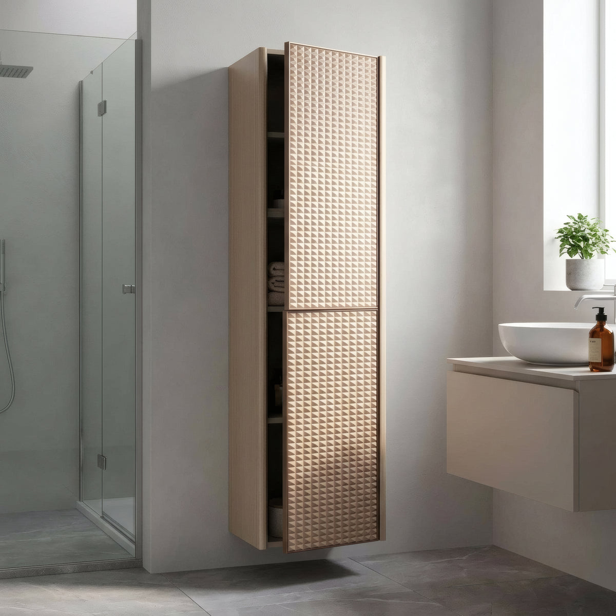 Champagne 2-Door Wall-Hung Reversible Linen Cabinet with Shelves