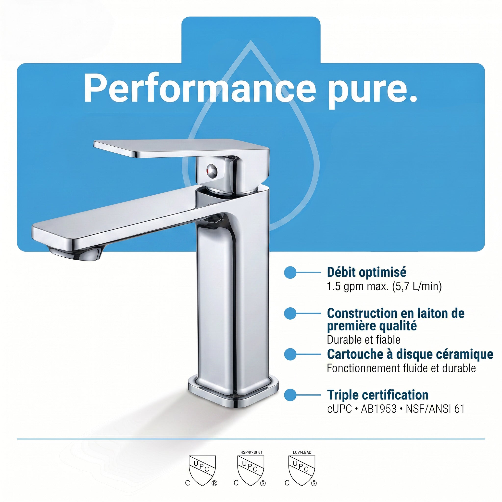 Robinet de Lavabo de Salle de Bains à 1 Poignée Camaro en Chromé