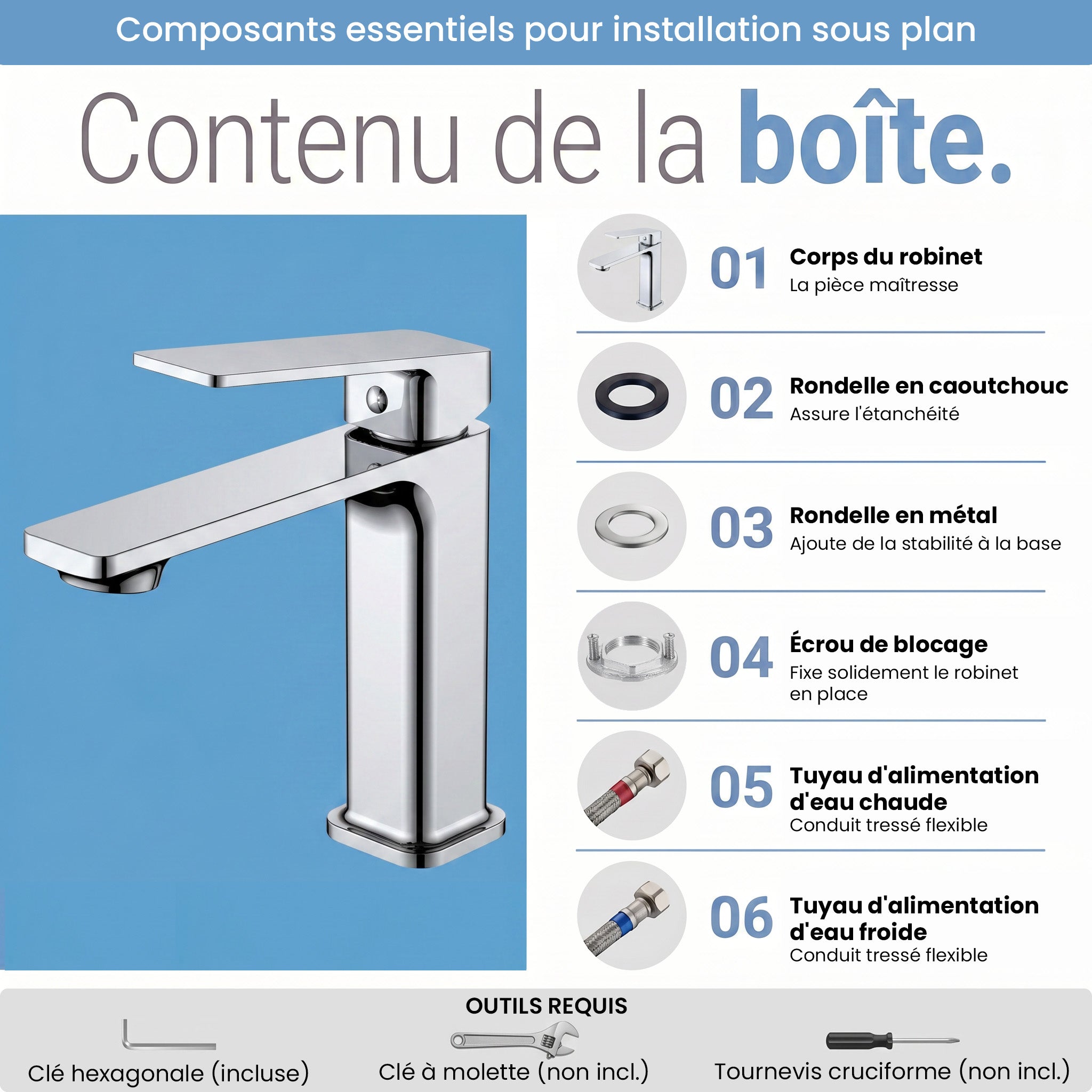 Robinet de Lavabo de Salle de Bains à 1 Poignée Camaro en Chromé