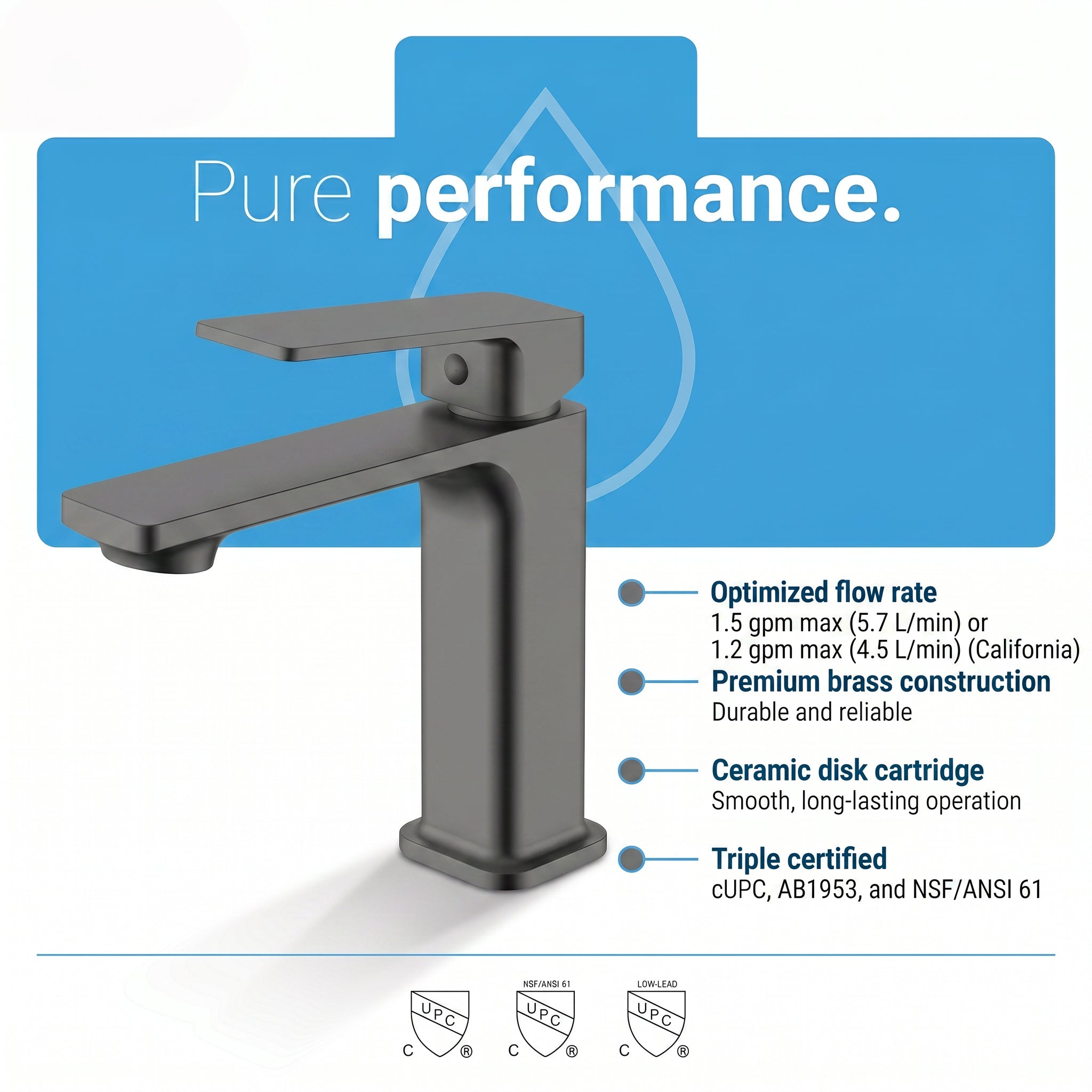 Robinet de Lavabo de Salle de Bains à 1 Poignée Camaro en Gris Acier