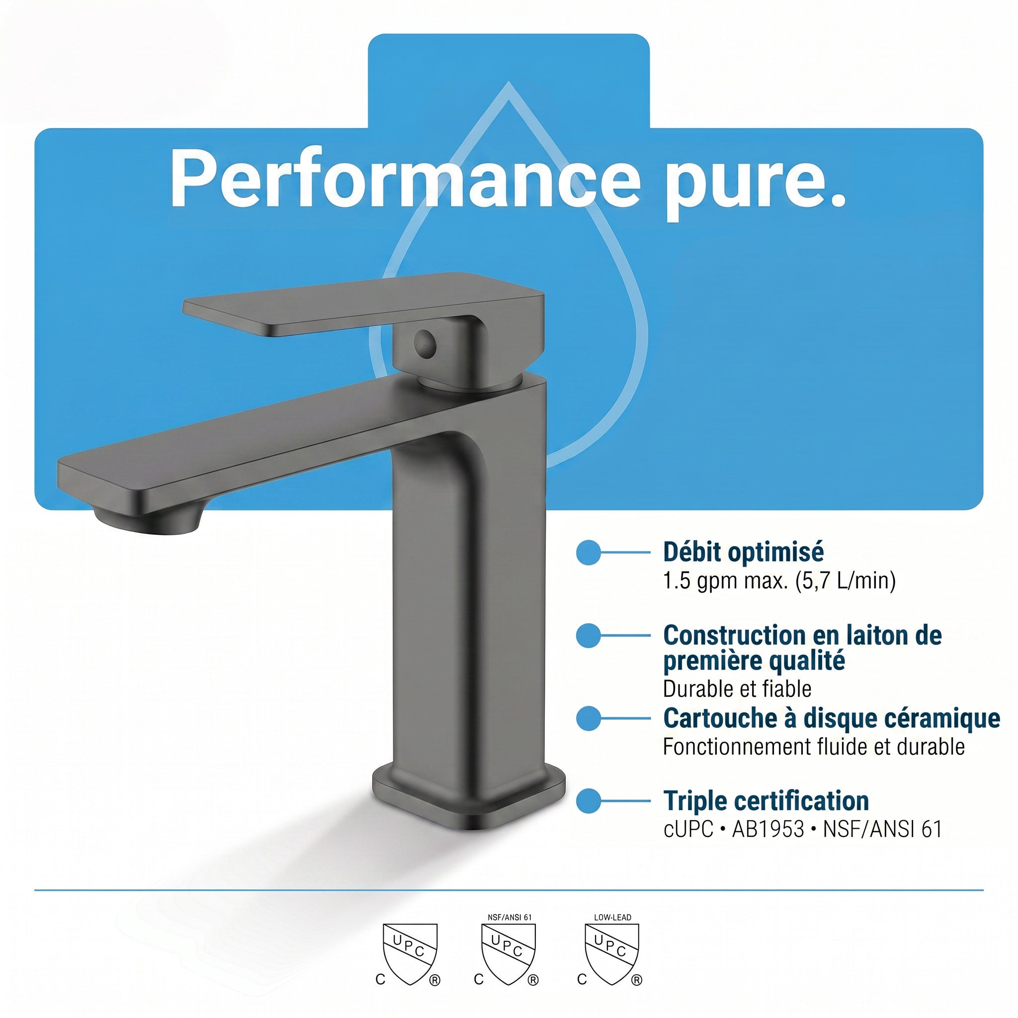 Robinet de Lavabo de Salle de Bains à 1 Poignée Camaro en Gris Acier