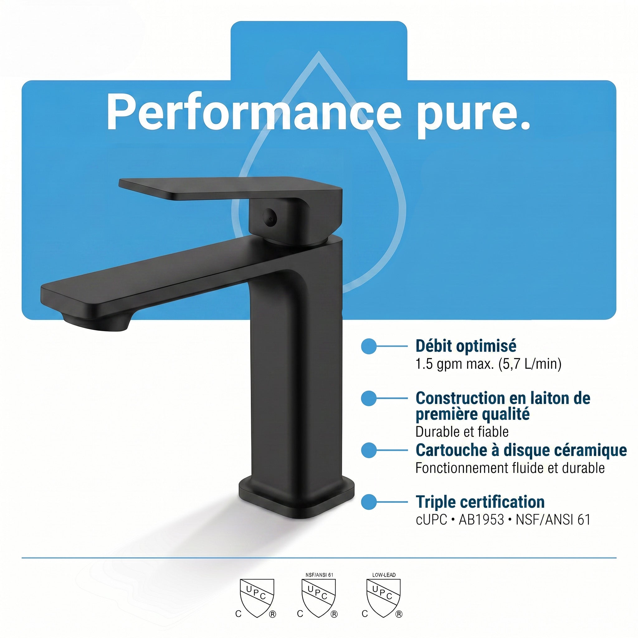 Robinet de Lavabo de Salle de Bains à 1 Poignée Camaro en Noir Mat