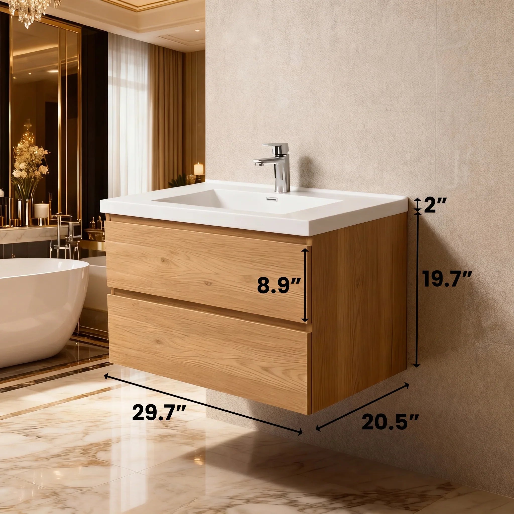 30" Rough Oak Wall Mount Bathroom Vanity with White Polymarble Countertop