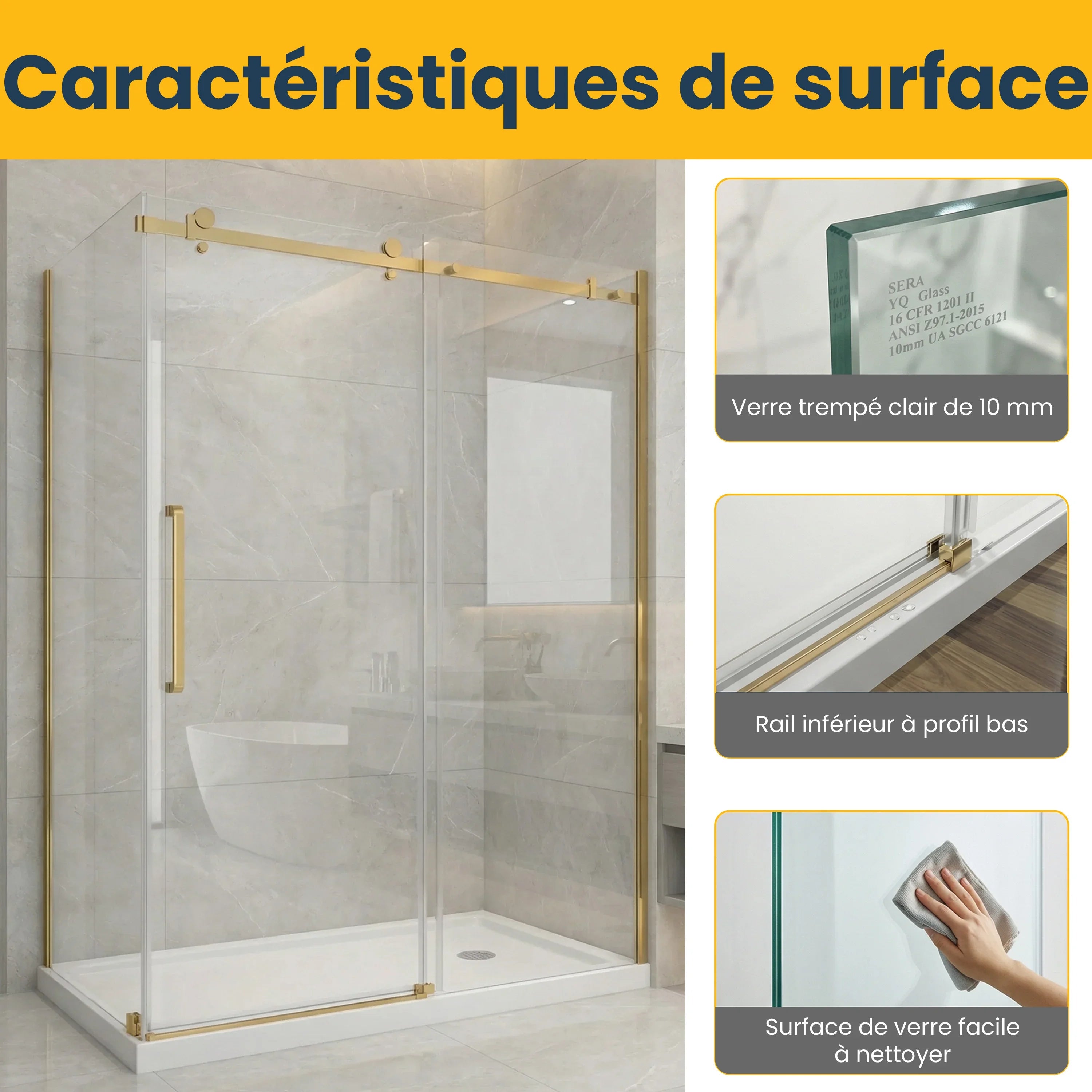 Porte de douche coulissante 60po x 36po x 75po en or brossé avec panneau latéral 36po