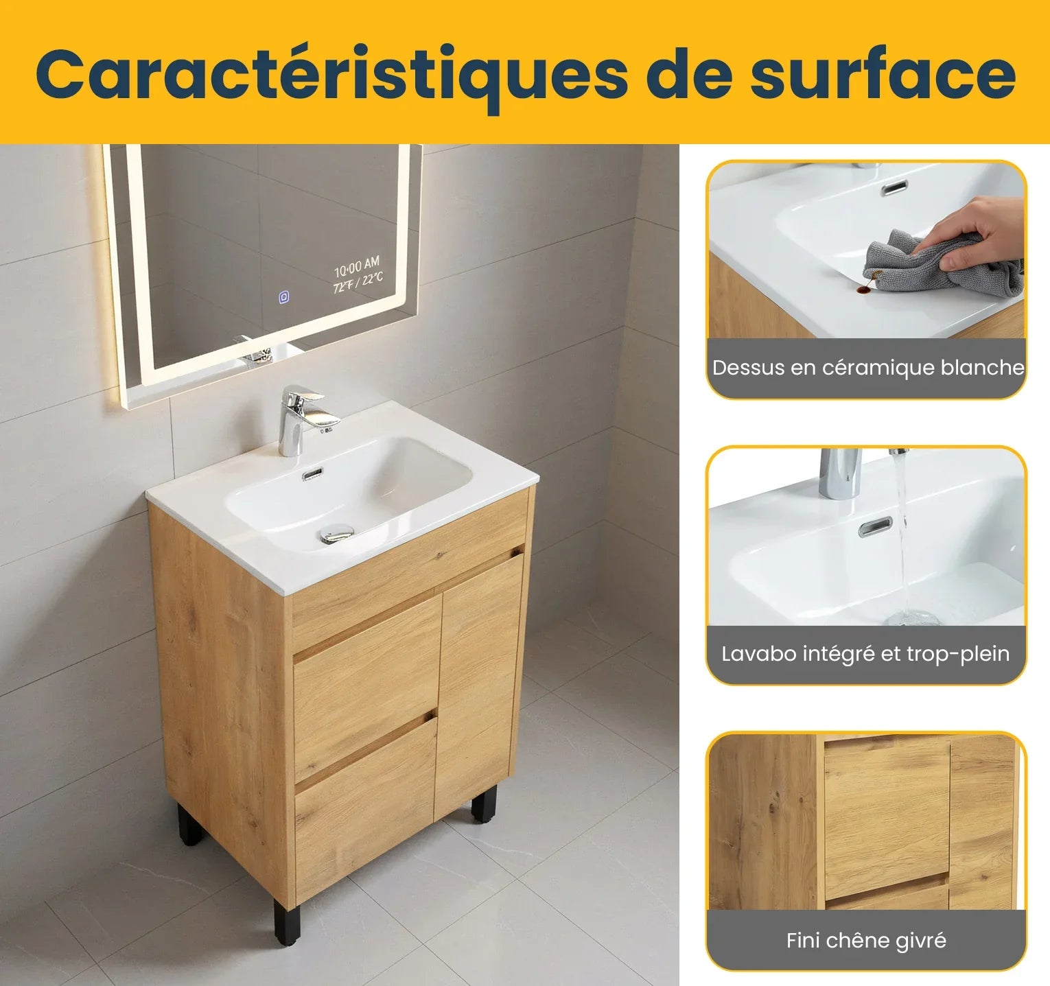 Meuble-Lavabo Autoportant 24po Chêne Givré avec Comptoir de Céramique Blanc