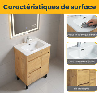 Meuble-Lavabo Autoportant 24po Chêne Givré avec Comptoir de Céramique Blanc