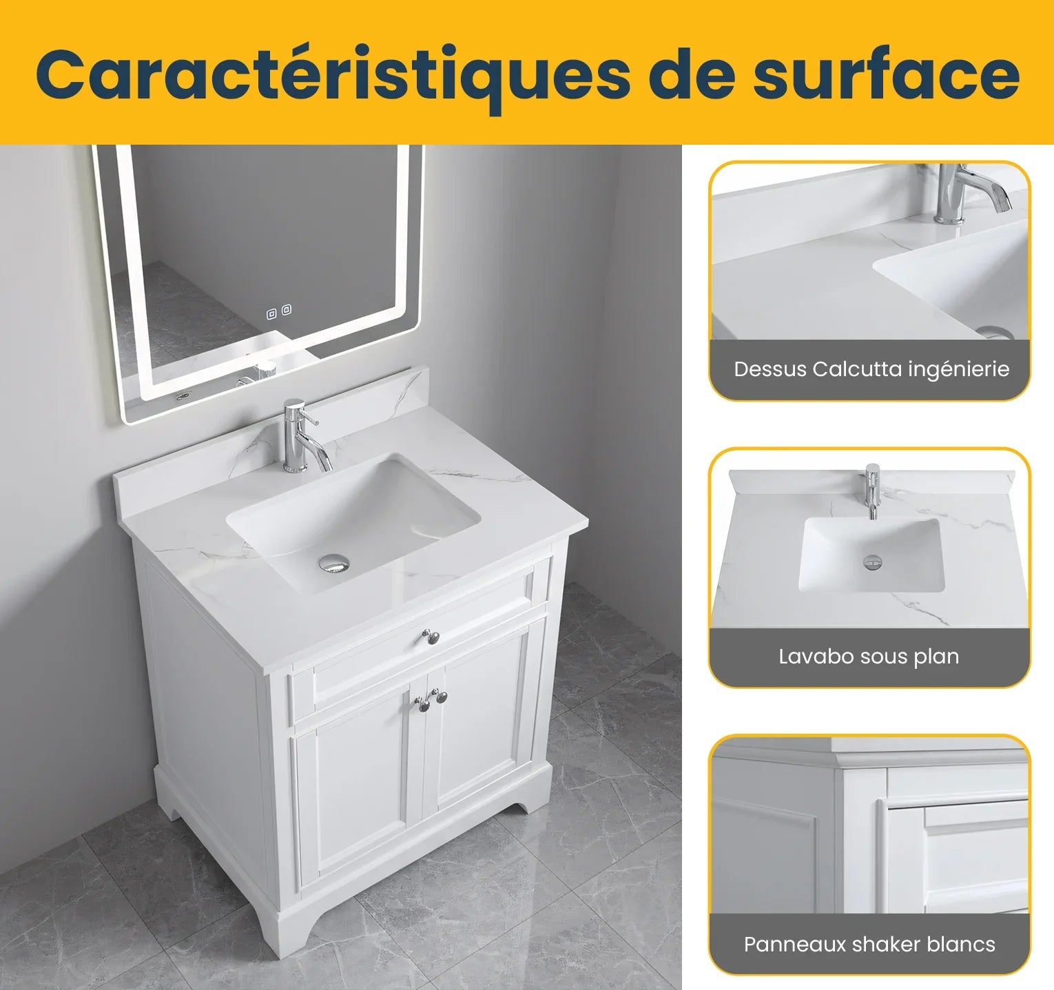 Meuble-lavabo de salle de bain autoportant blanc 30" avec Comptoir en marbre Calcutta reconstitué