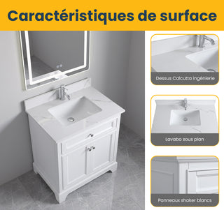 30" White Freestanding Bathroom Vanity with Engineered Calcutta Marble Countertop