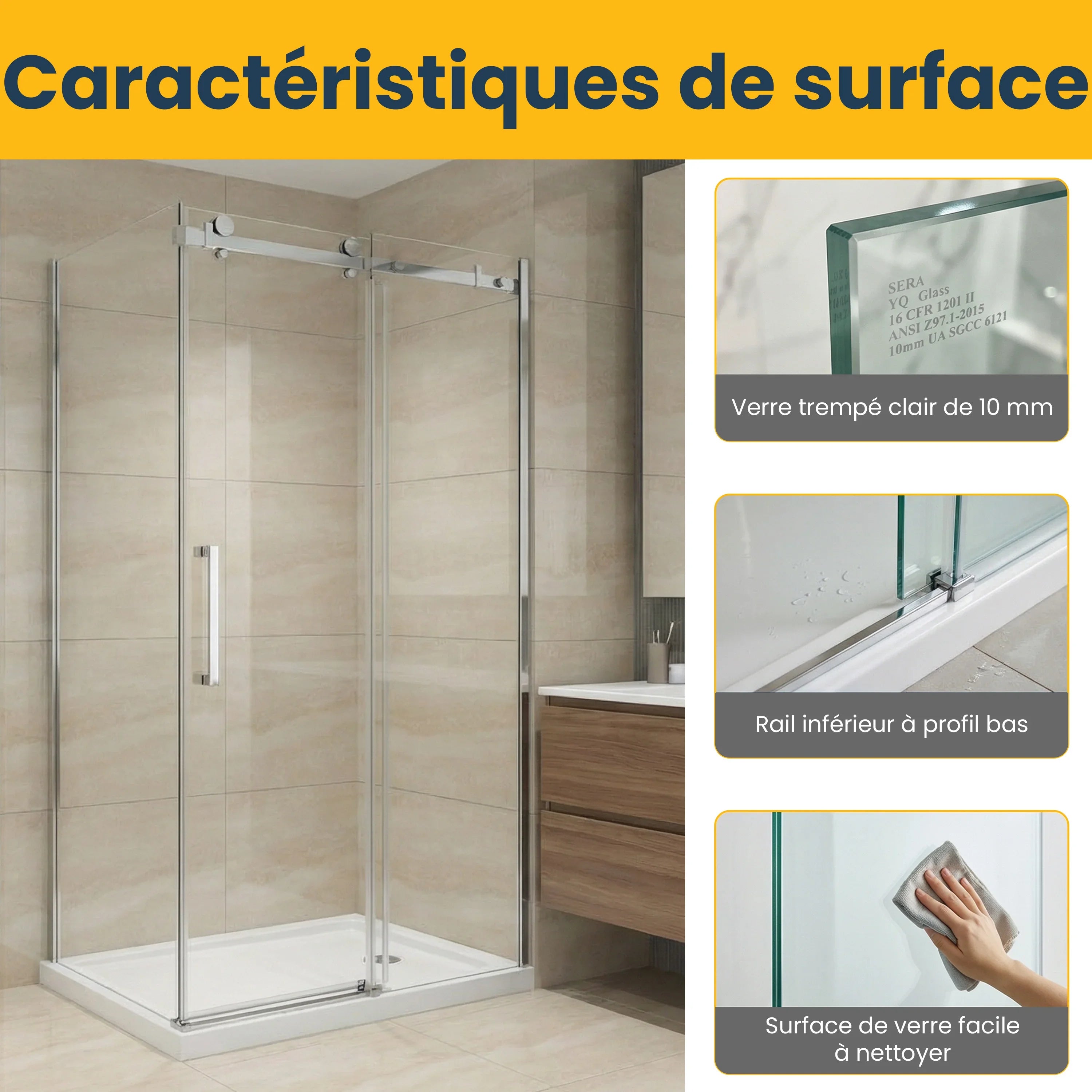 48" x 36" x 75" Reversible Sliding Shower Door with Chrome Square Hardware - 10mm Tempered Glass