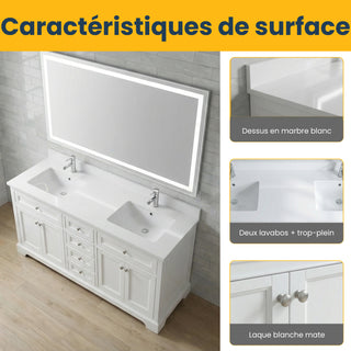 Meuble-lavabo autoportant blanc de 72 po avec comptoir en marbre blanc reconstitué