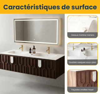 Meuble-lavabo double vasque Belfort 60 po en noyer - Plan de travail en marbre blanc de Carrare