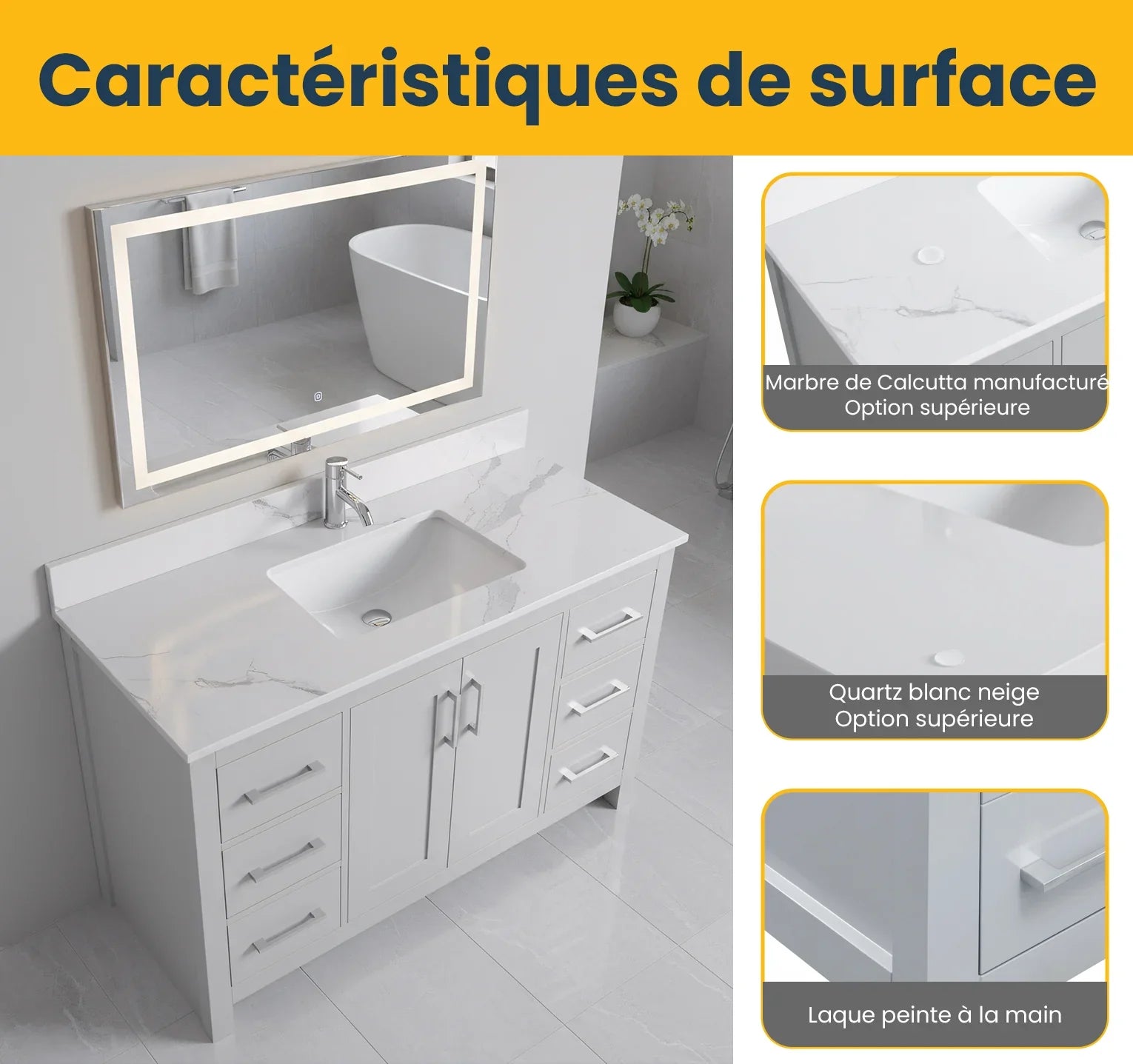 Meuble Lavabo Autoportant Hampton Gris 42po avec Comptoir en Marbre Calcutta