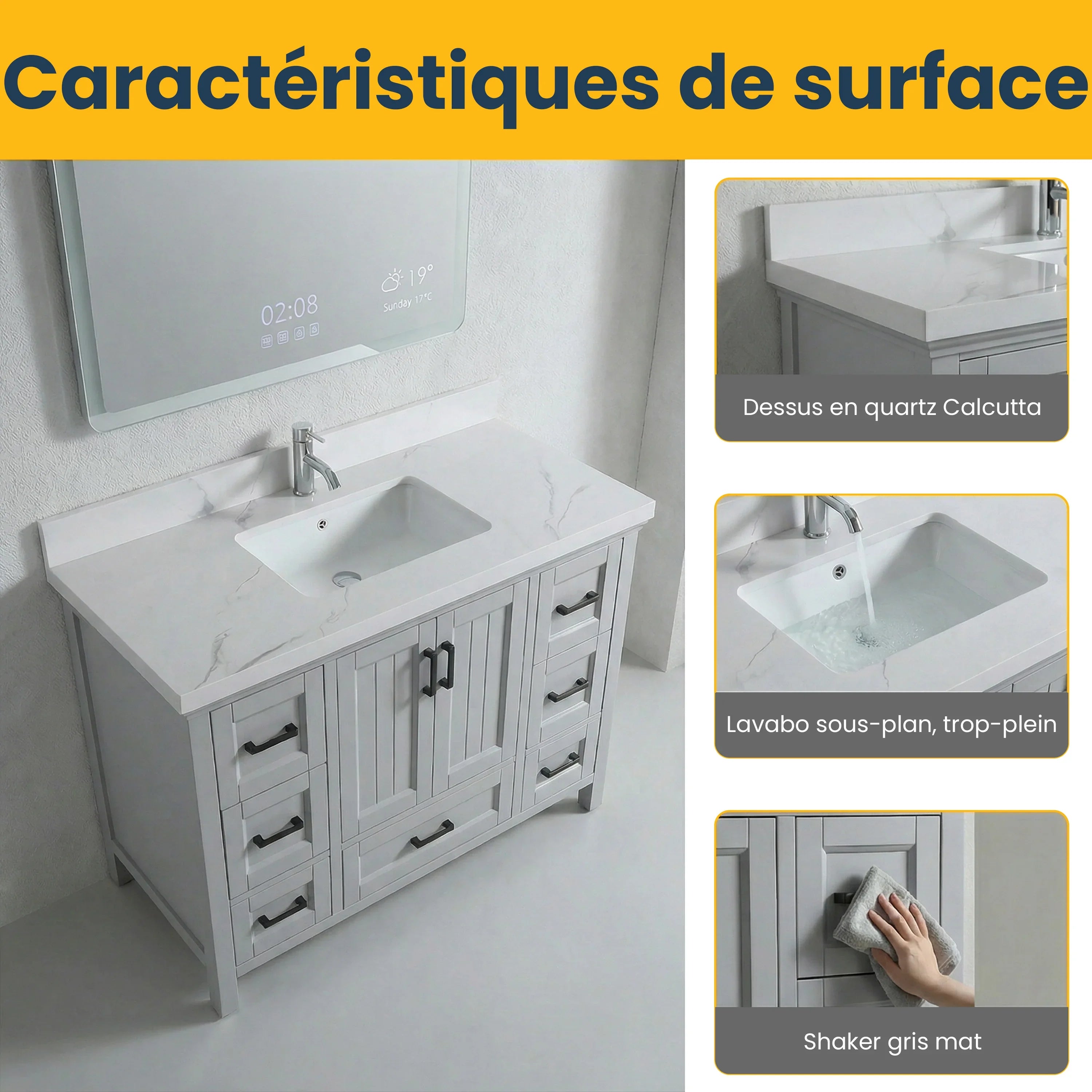 Meuble Lavabo Autoportant 48po Hampton Gris avec Comptoir Quartz Calcutta