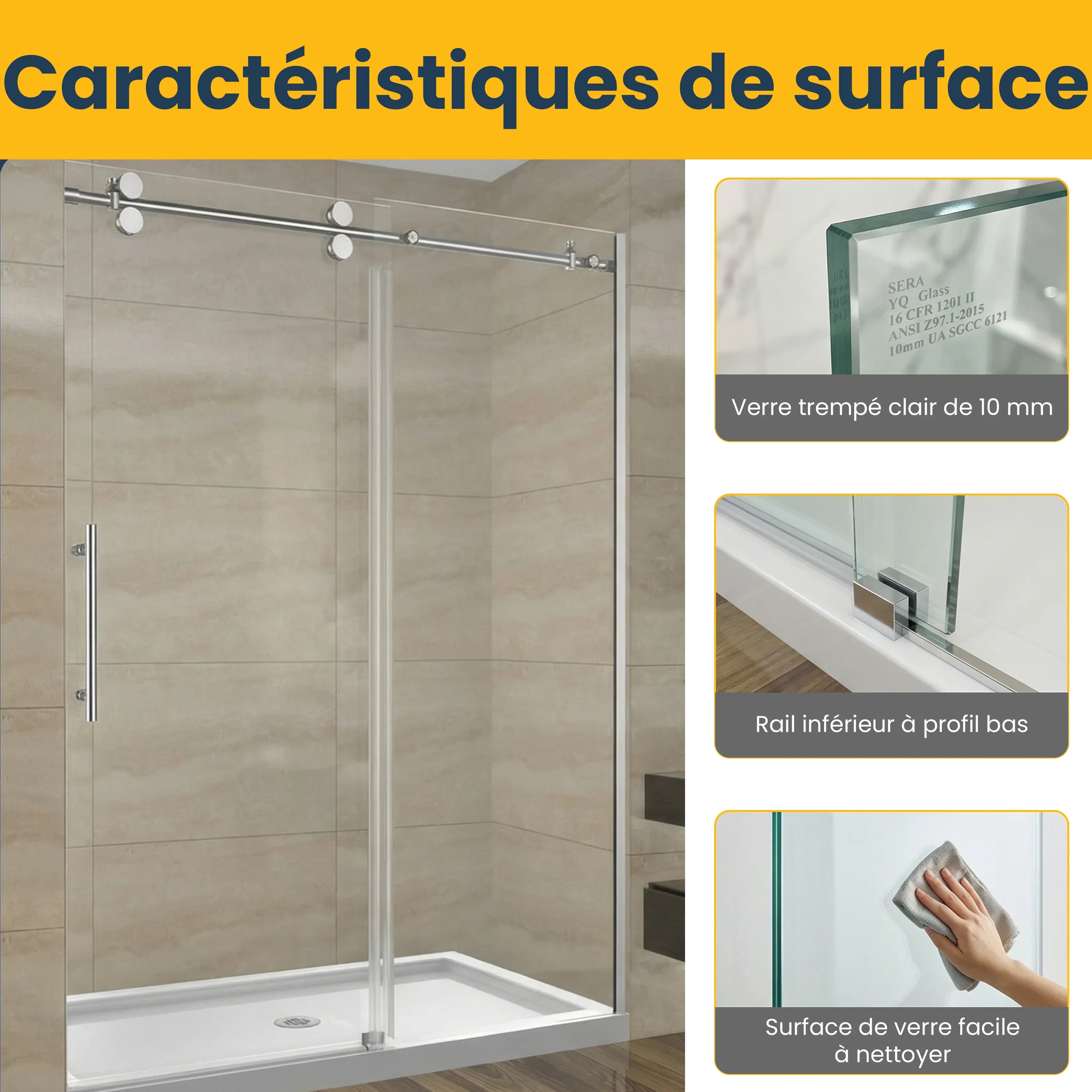 Porte de douche coulissante réversible alcôve 60po x 75po - Quincaillerie ronde chromée, verre 10mm