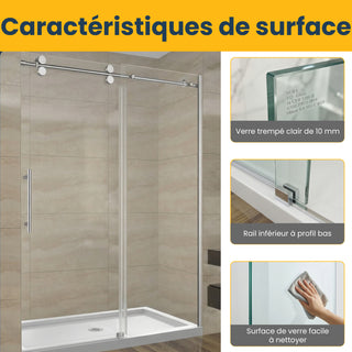 Porte de douche coulissante réversible en alcôve 60 po x 75 po en chrome - Verre 10 mm, configuration à 3 murs (Base non incluse)