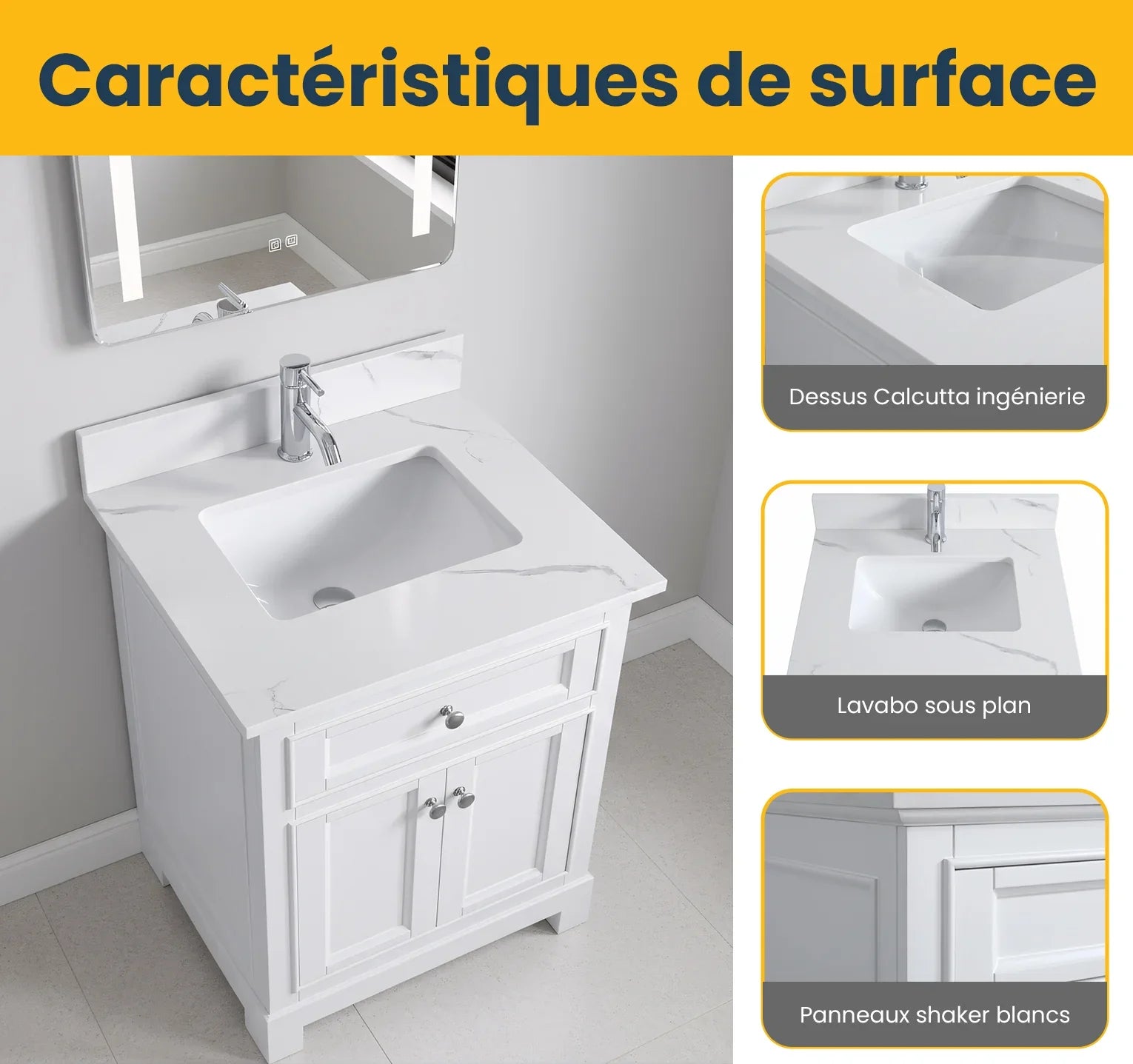 Meuble-Lavabo Autoportant 24po Blanc avec Comptoir de Marbre Ingénierie Calcutta