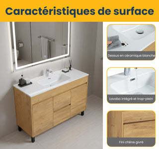 Meuble-Lavabo Autoportant 48 po Chêne Givré avec Comptoir de Céramique Blanc