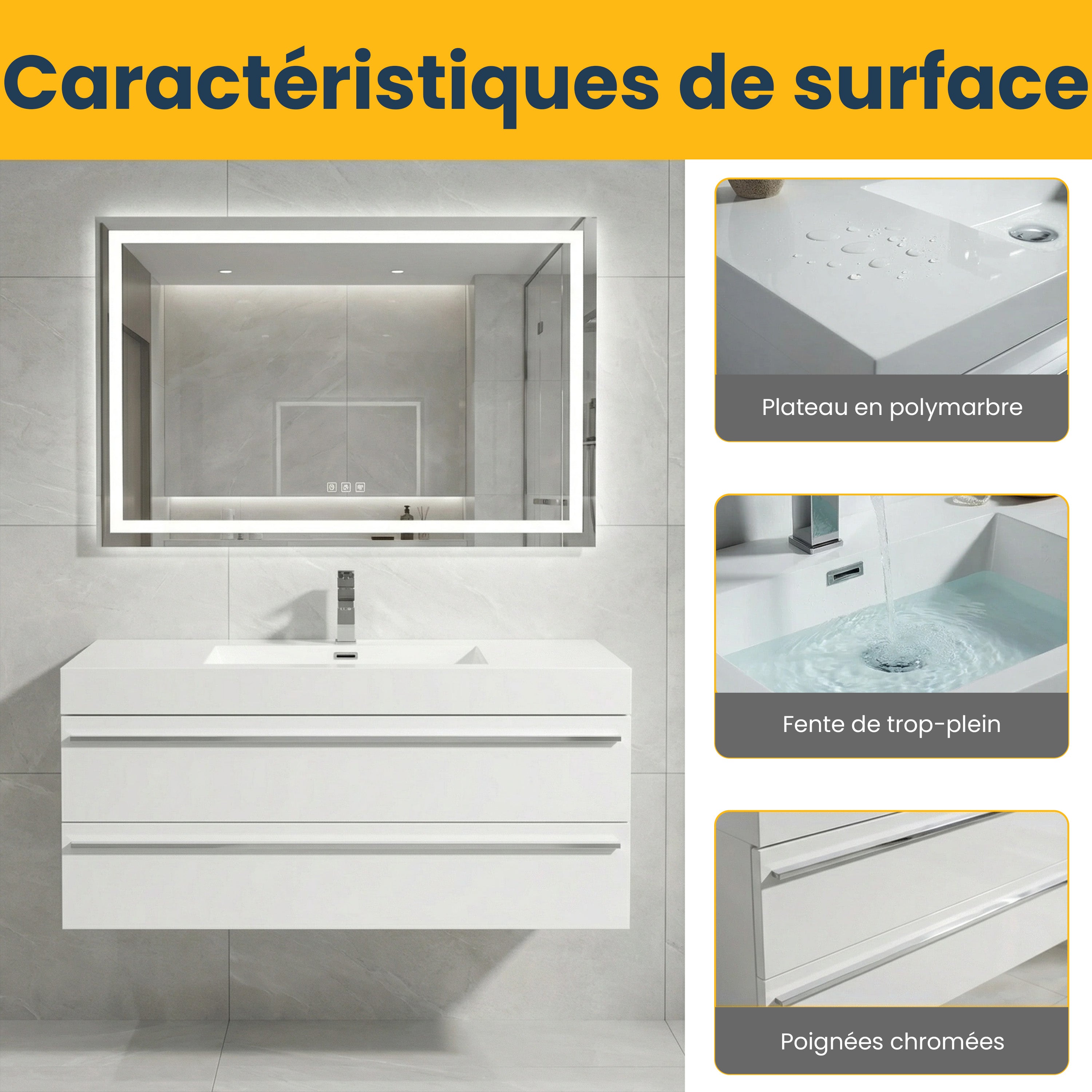 Meuble-Lavabo Mural Blanc de 48 po avec Comptoir en Polymarbre Blanc