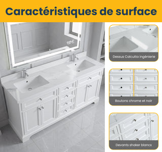 72" White Freestanding Double Sink Bathroom Vanity with Engineered Calcutta Marble Countertop