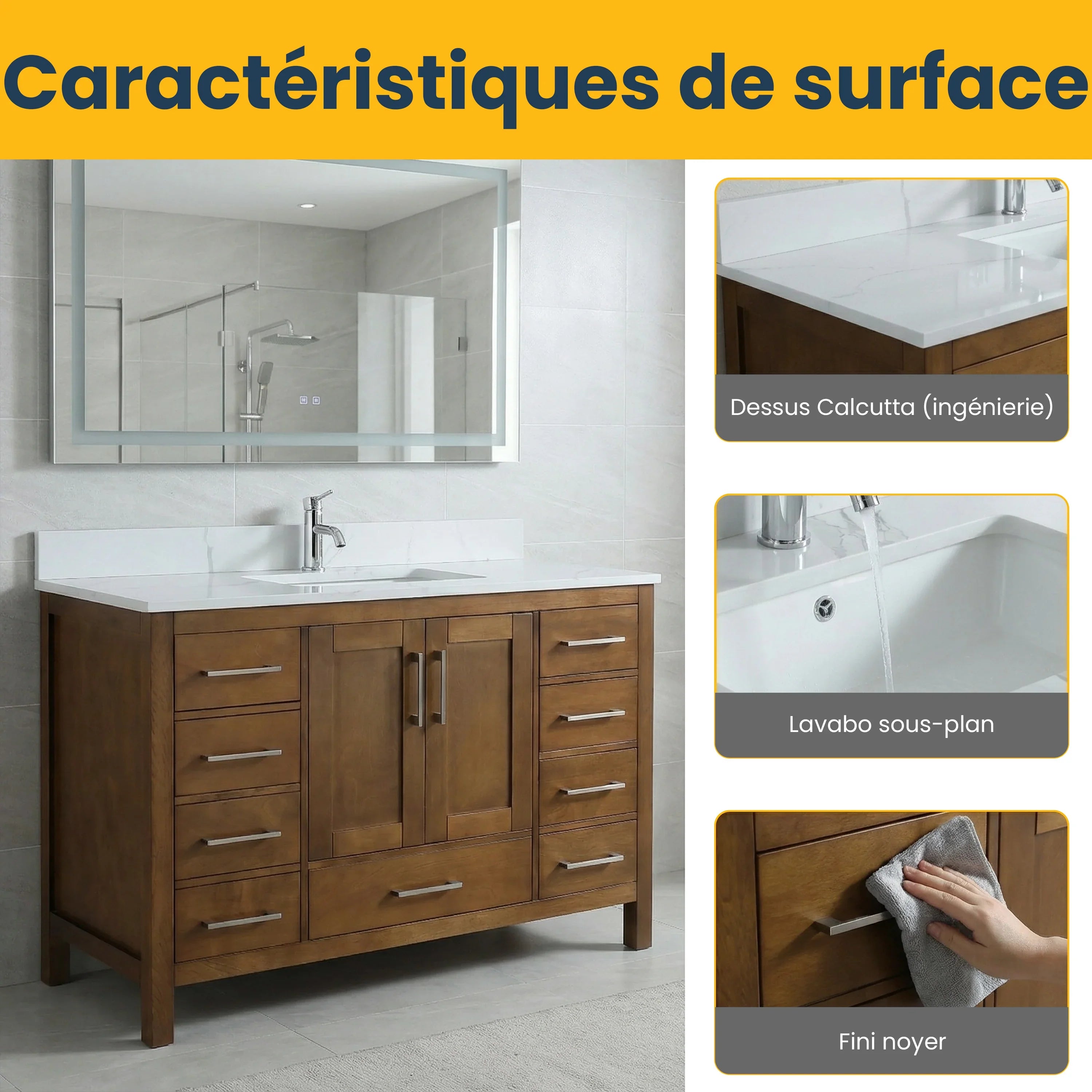 48" Walnut Freestanding Bathroom Vanity with Engineered Calcutta Marble Countertop