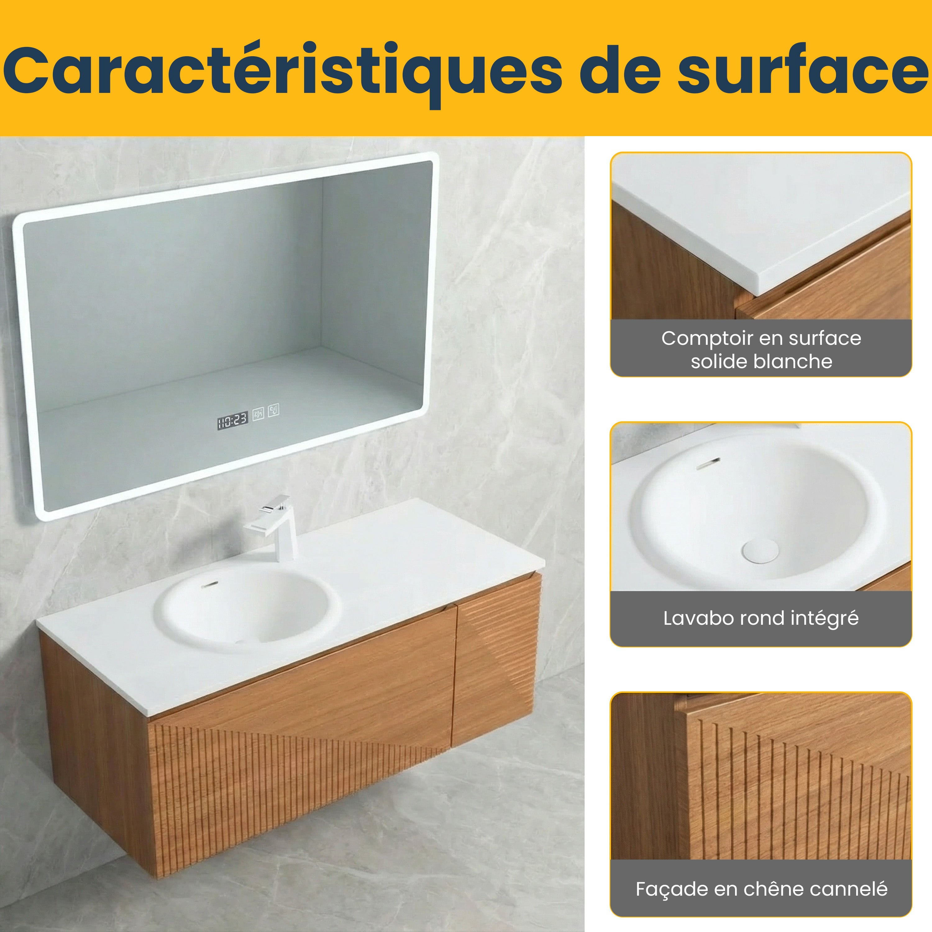 48" Light Oak Wall Mount Bathroom with White Solid Surface Countertop