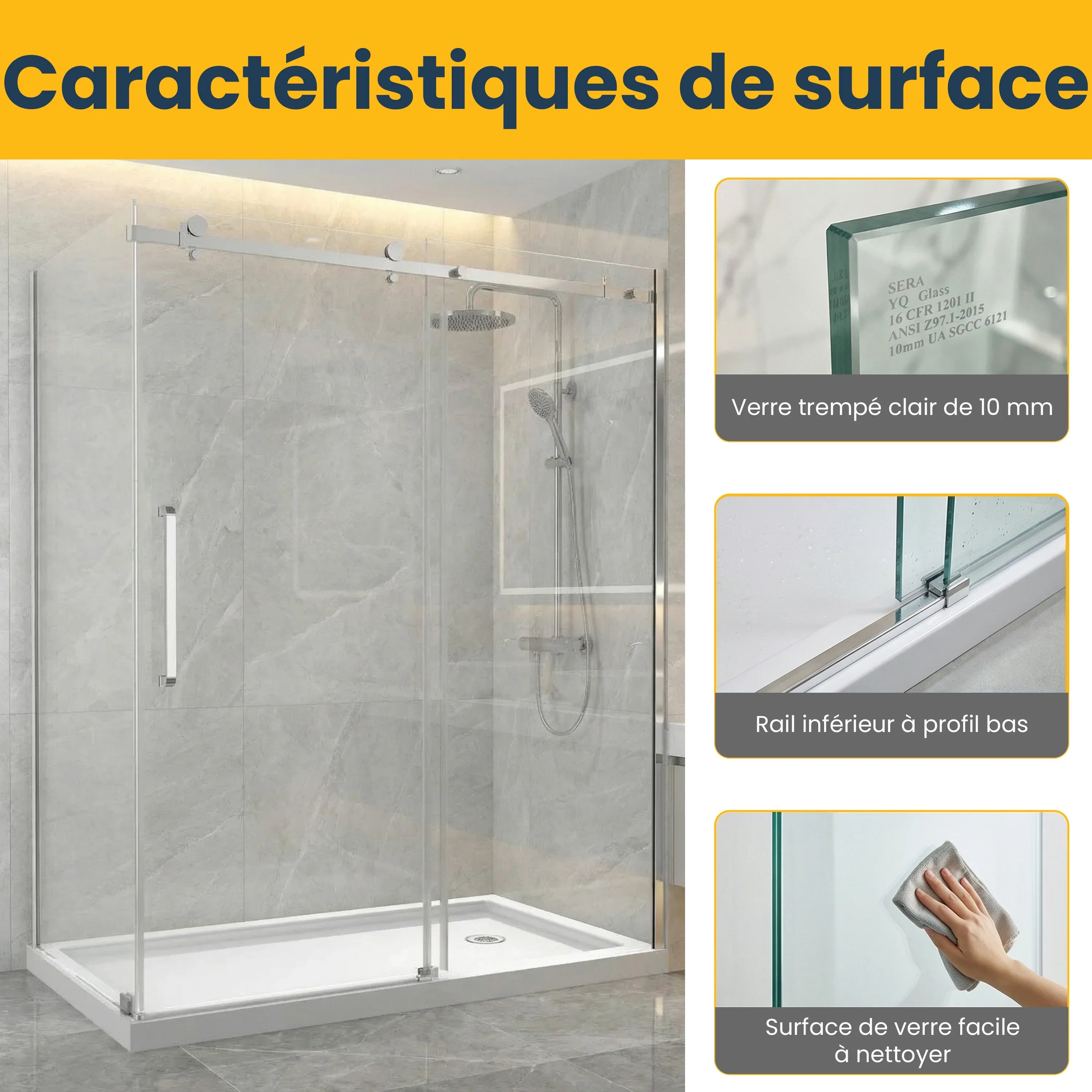 Porte de douche coulissante réversible 60po x 36po x 75po avec quincaillerie chromée carrée