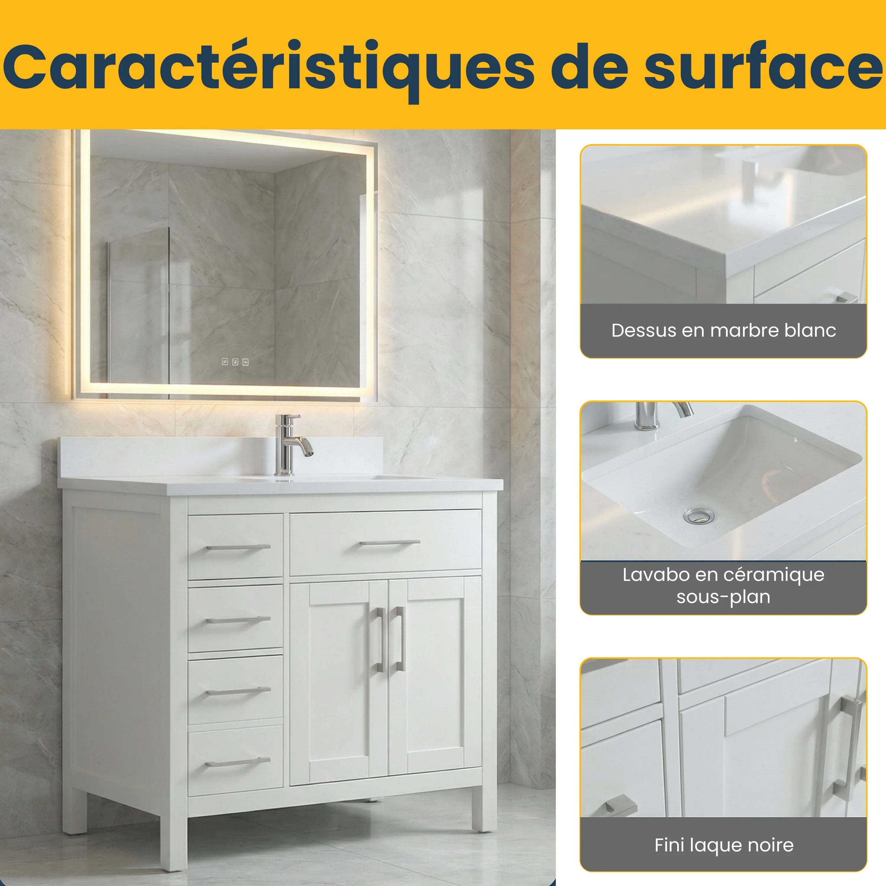 Meuble-lavabo autoportant blanc de 36 po avec comptoir en marbre blanc reconstitué