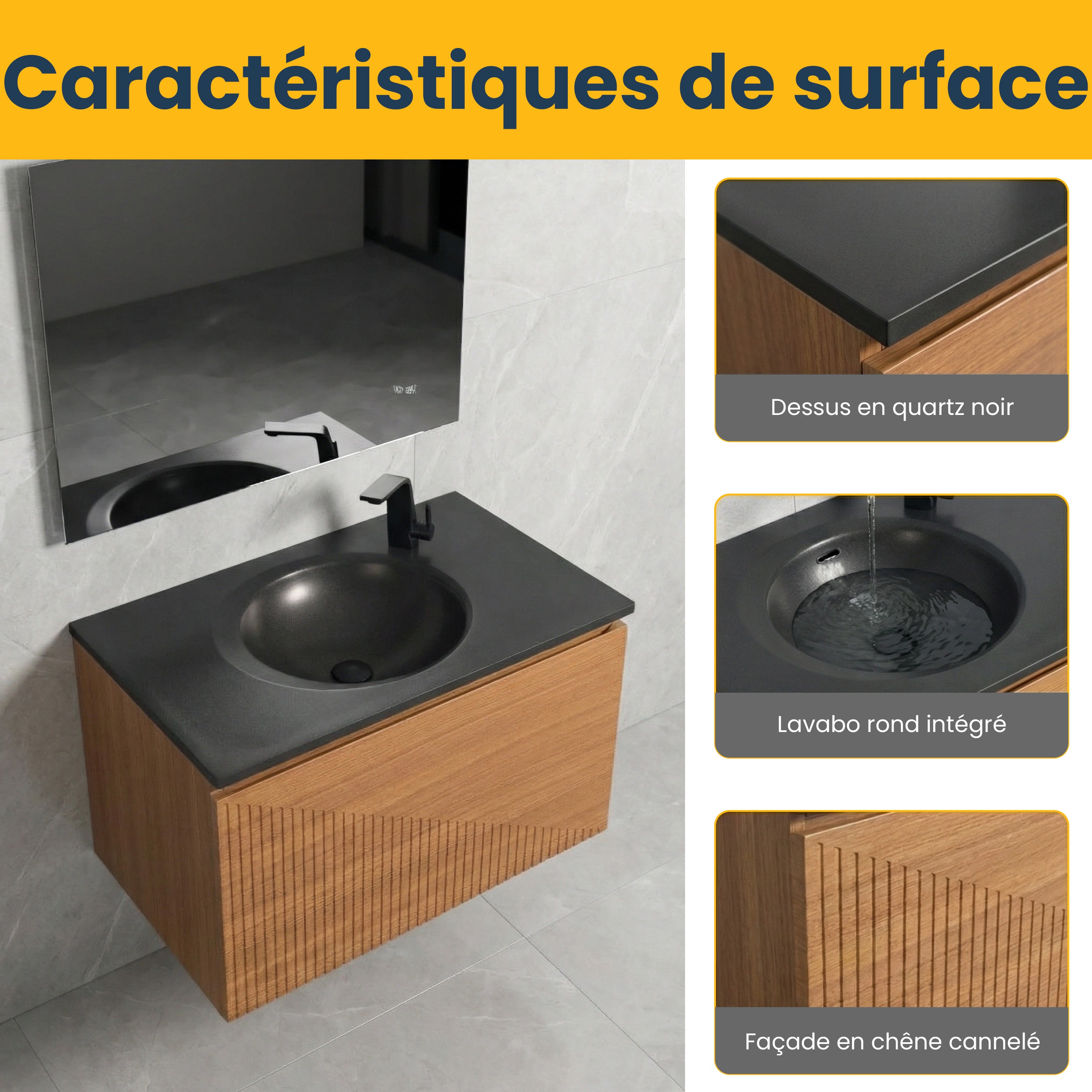 30" Light Oak Wall Mount Bathroom Vanity with Black Engineered Quartz Countertop