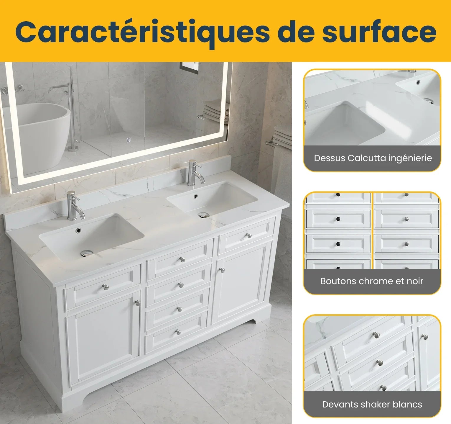 60" White Freestanding Double Sink Bathroom Vanity with Engineered Calcutta Marble Countertop