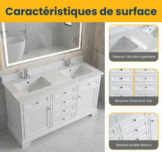 60" White Freestanding Double Sink Bathroom Vanity with Engineered Calcutta Marble Countertop