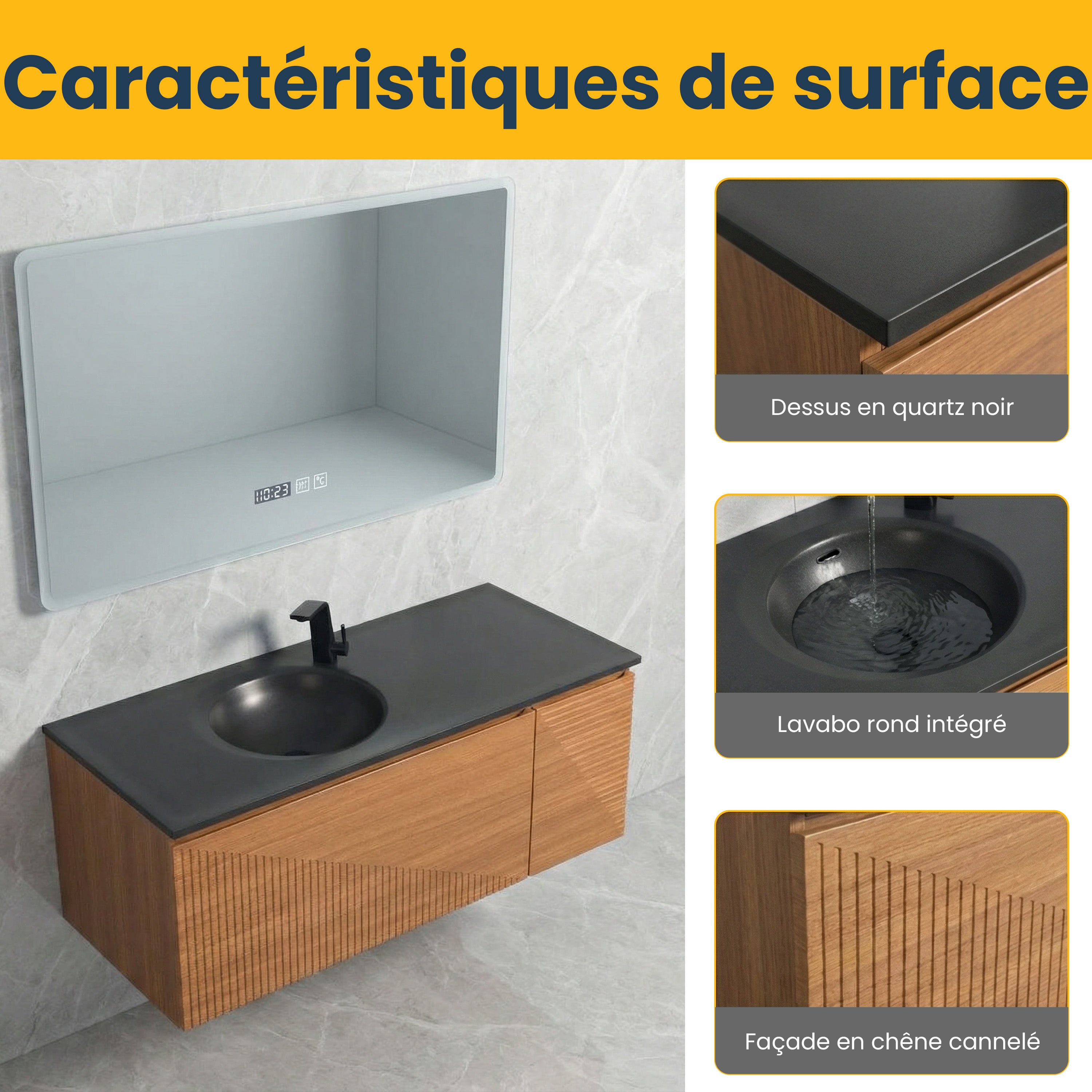 Meuble-Lavabo Mural 48po Chêne Clair avec Comptoir de Quartz d'ingénierie Noir
