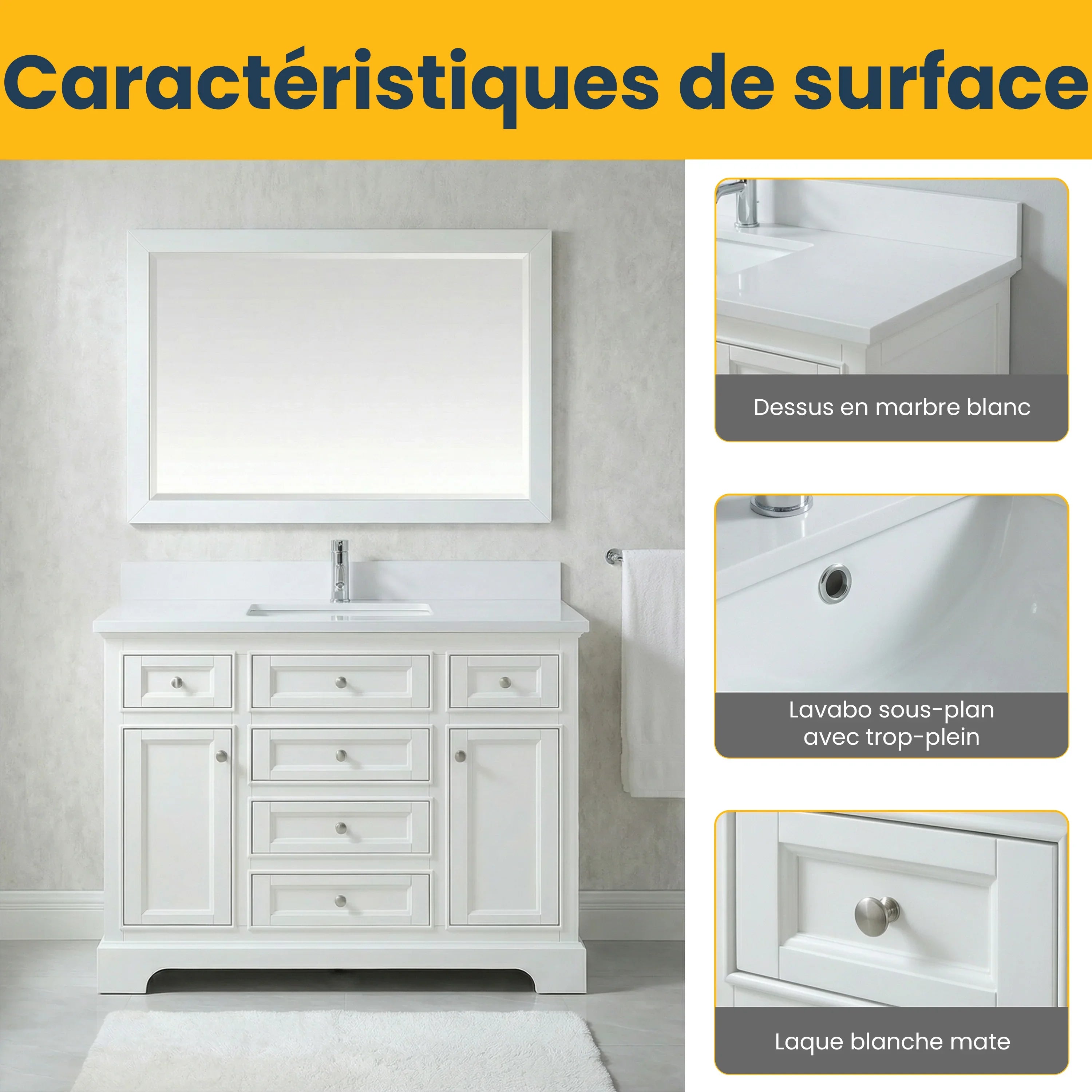 48" White Freestanding Bathroom Vanity with Engineered White Marble Countertop