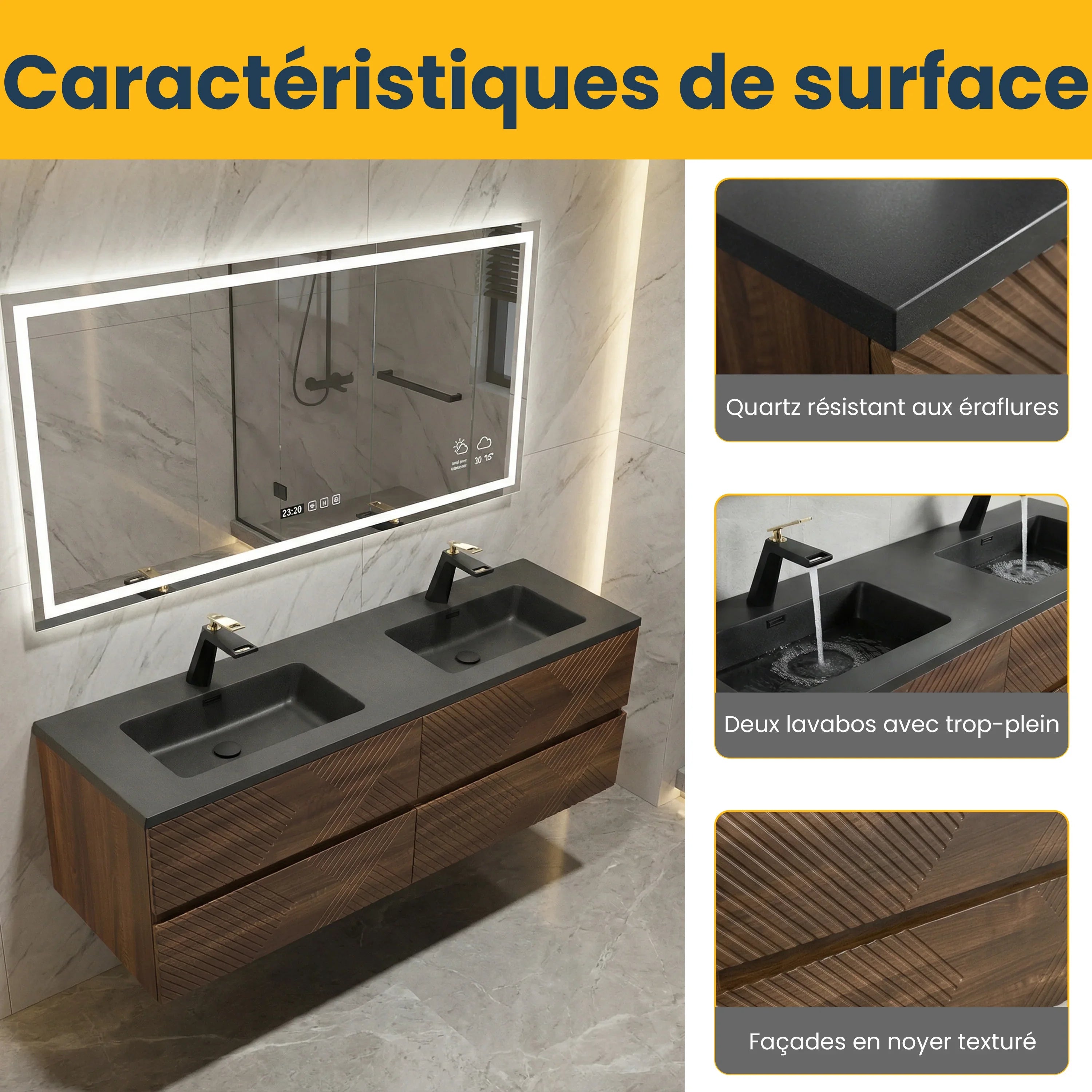 60" Walnut Wall Mount Double Sink Bathroom Vanity with Black Engineered Quartz Countertop