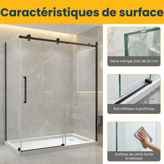 Porte de douche coulissante réversible 60" x 36" x 75" x 10mm avec panneau latéral 36", design carré, quincaillerie noire sans base