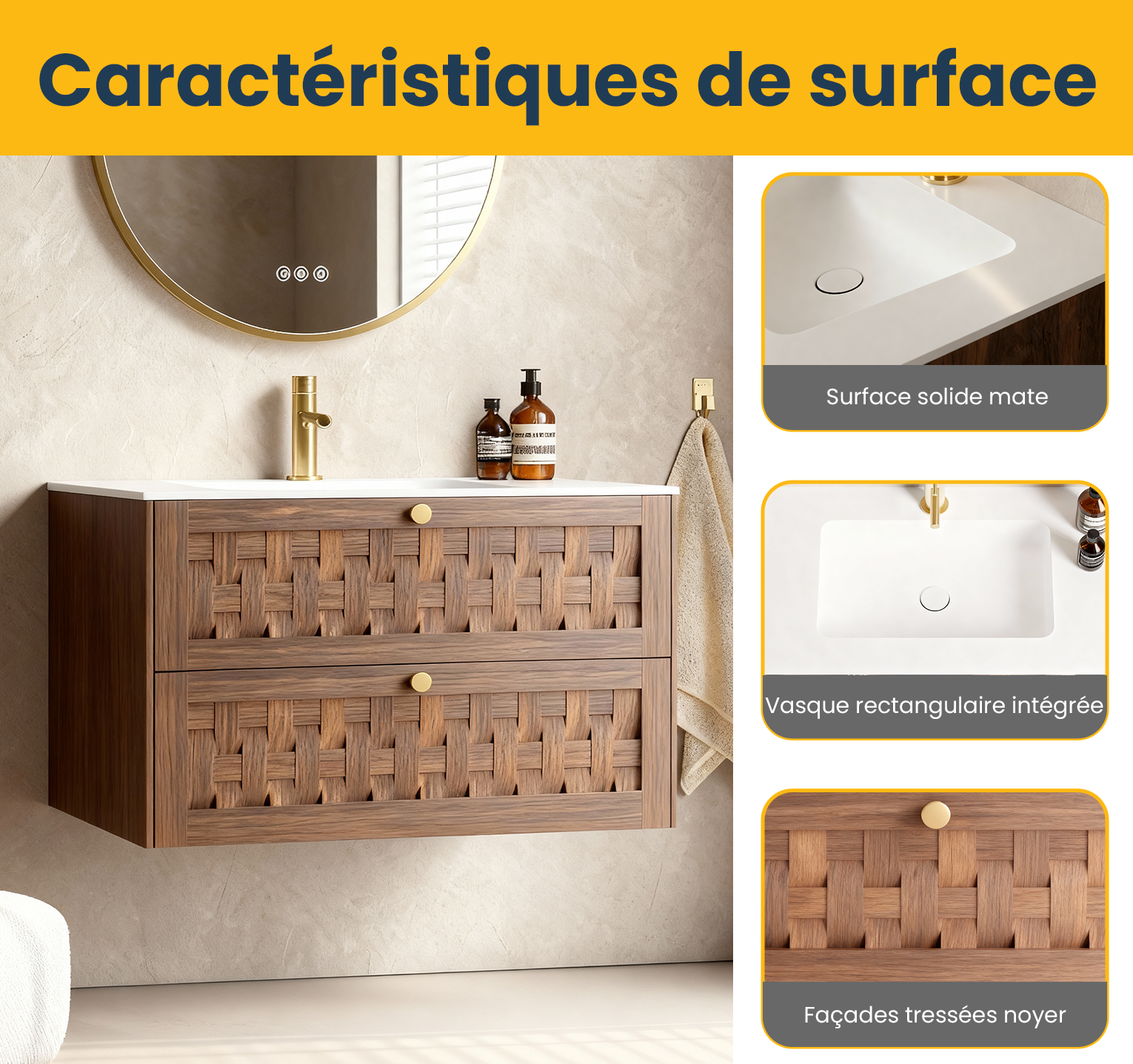 36" Walnut Wall-Mount Single Sink Bathroom Vanity with Matte White Solid Surface Countertop