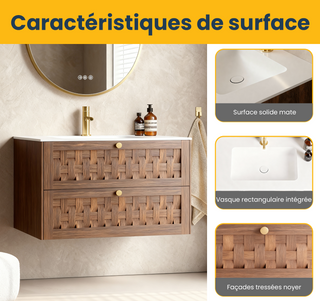 Meuble-lavabo mural en noyer de 36 po avec comptoir en surface solide blanc mat, collection Toulouse